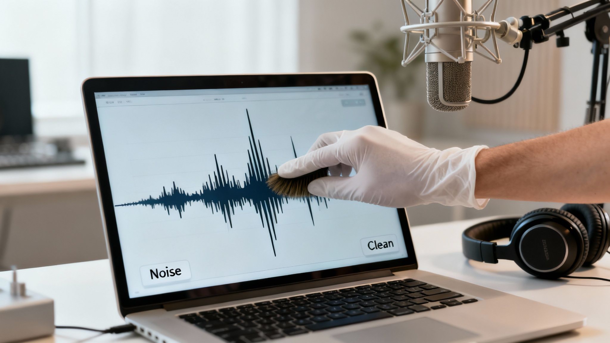 A gloved hand brushes a sound wave on a laptop screen during audio restoration.