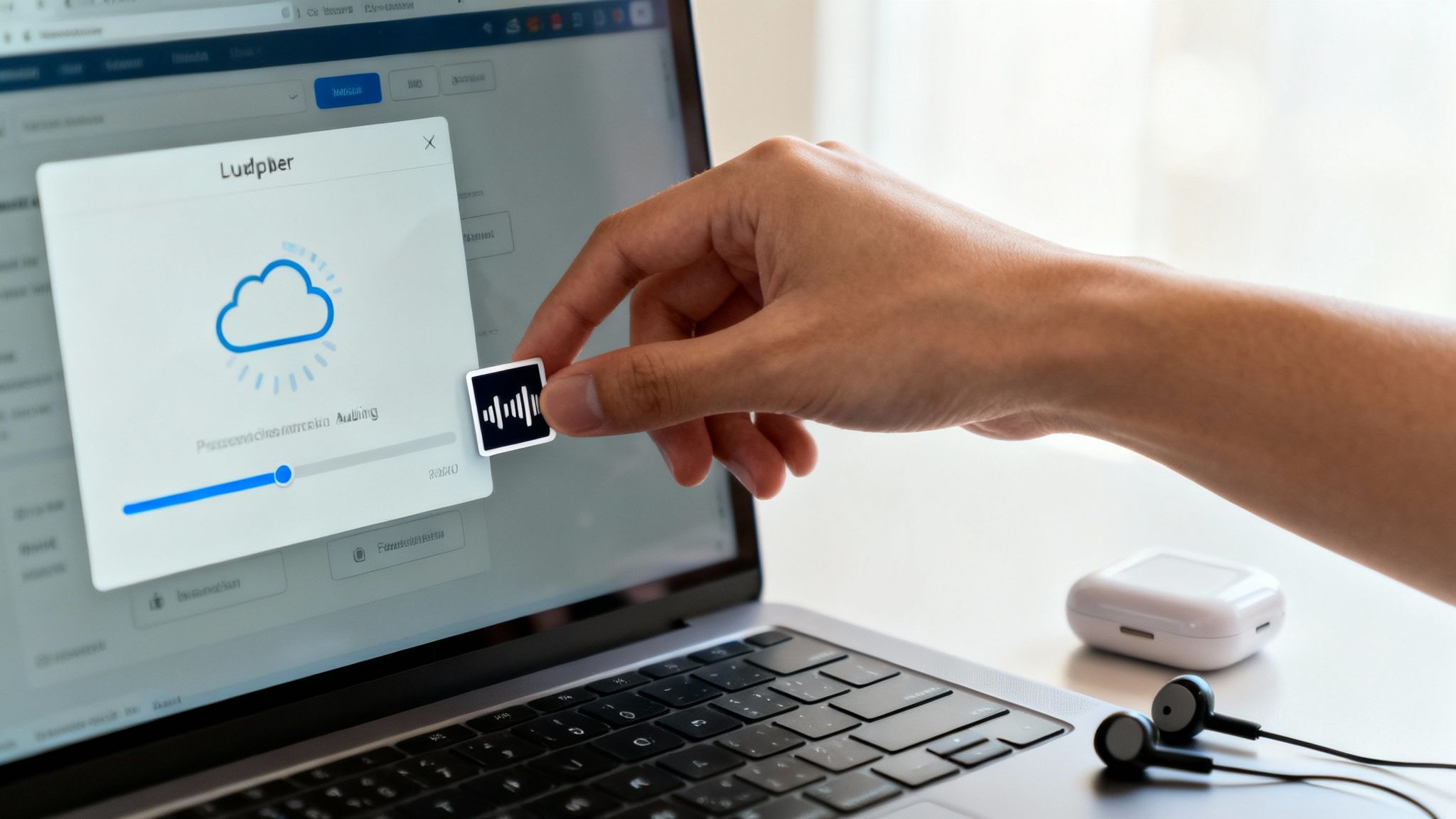 A hand places an audio wave icon onto a laptop screen displaying a cloud loading animation and earbuds.