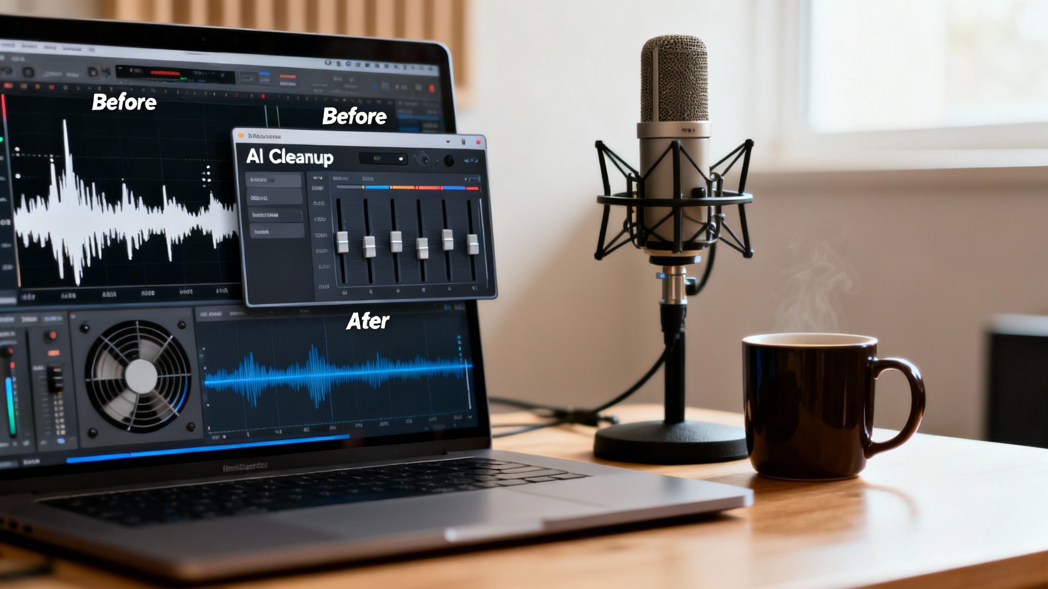 A laptop displaying AI audio cleanup software with noisy 'Before' and clean 'After' waveforms, next to a microphone and coffee.