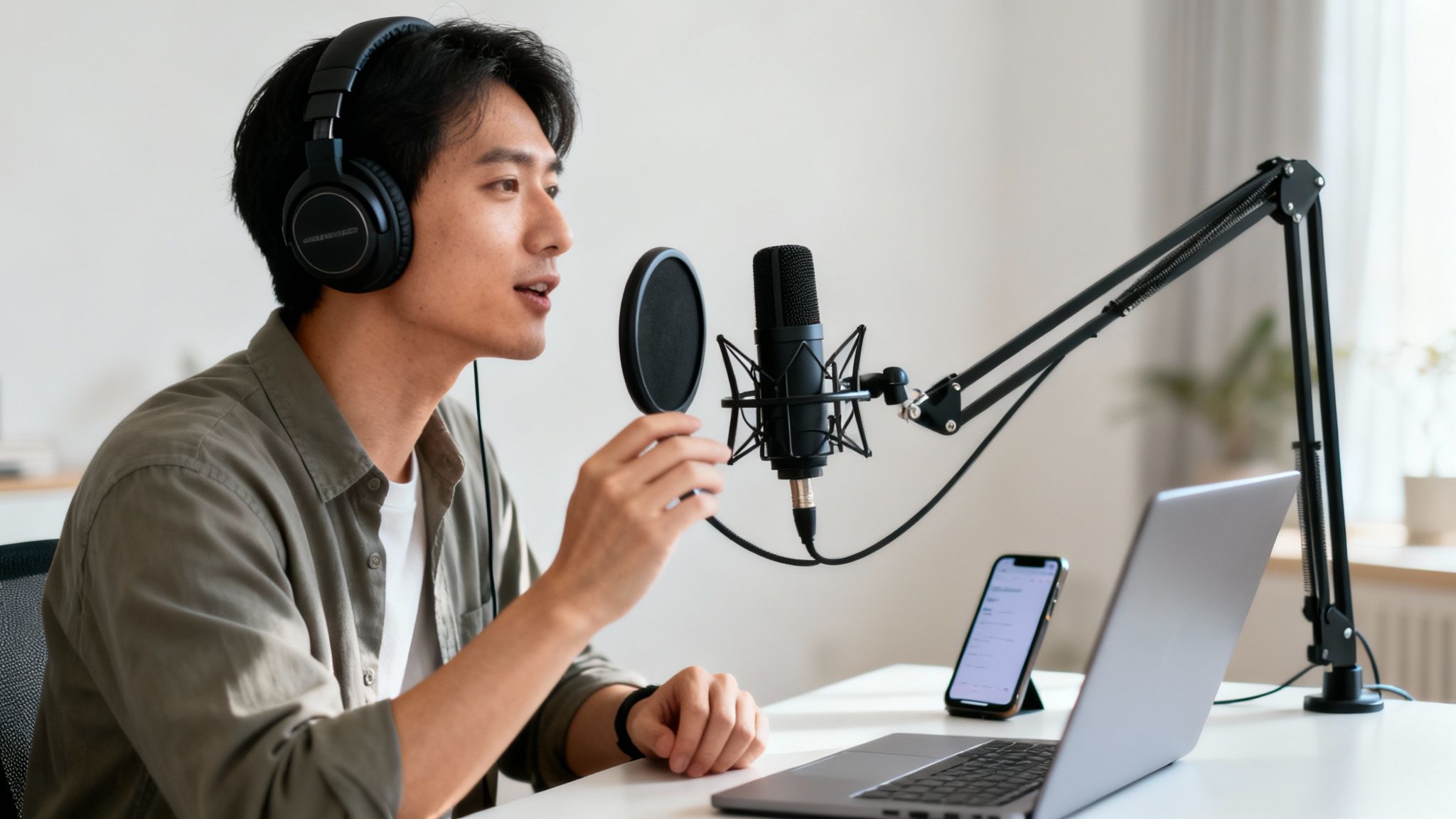Young Asian man with headphones speaking into a studio microphone, recording a podcast.