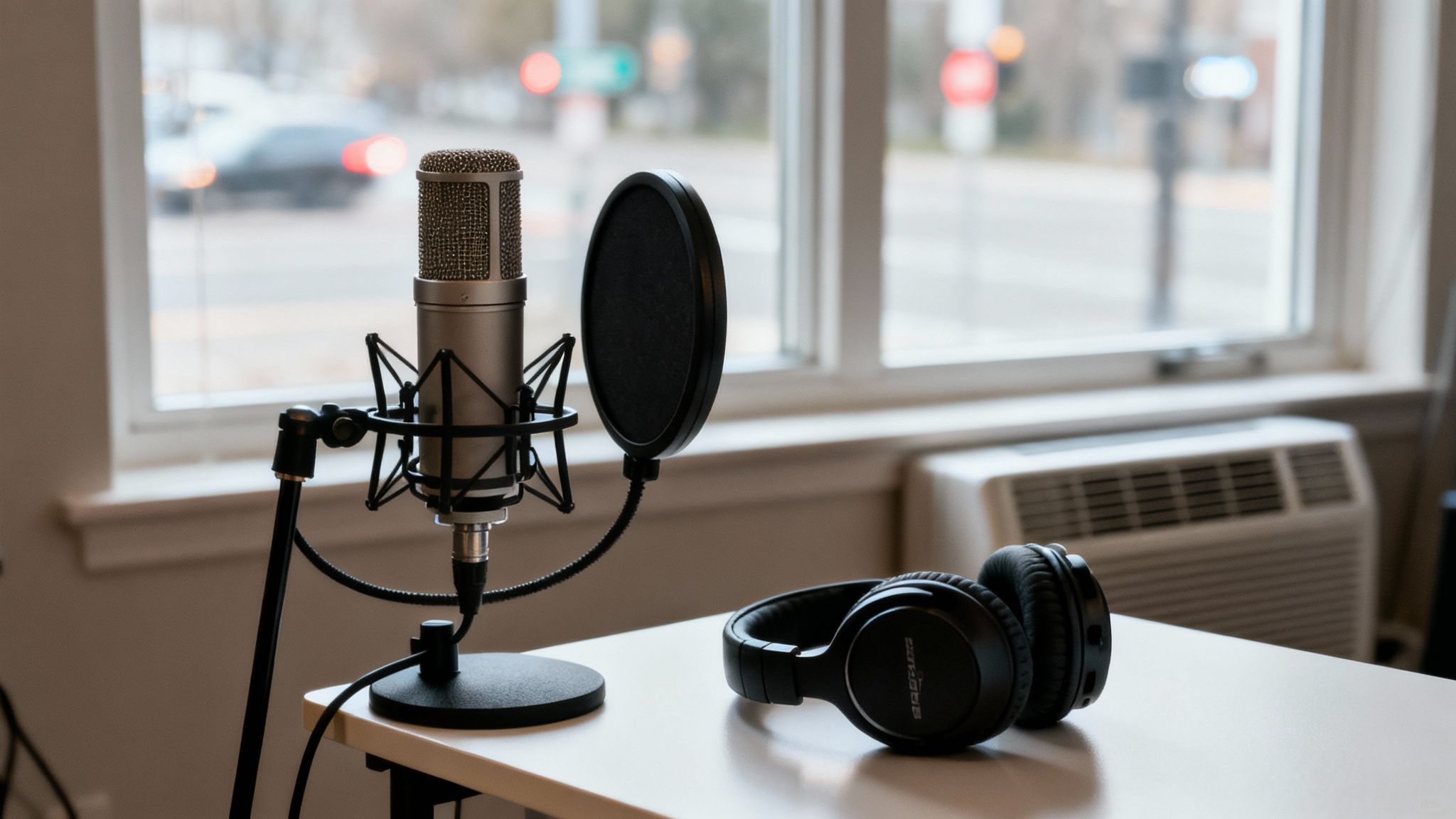 A silver condenser microphone with a pop filter and black headphones are set on a white desk, ready for audio recording.