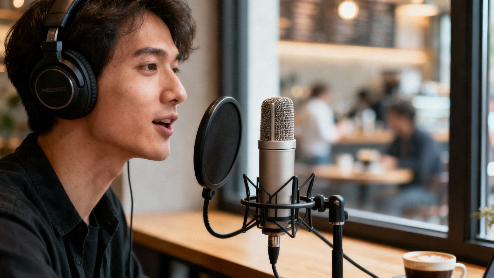 A young man in headphones speaks into a microphone, recording a podcast in a cafe.