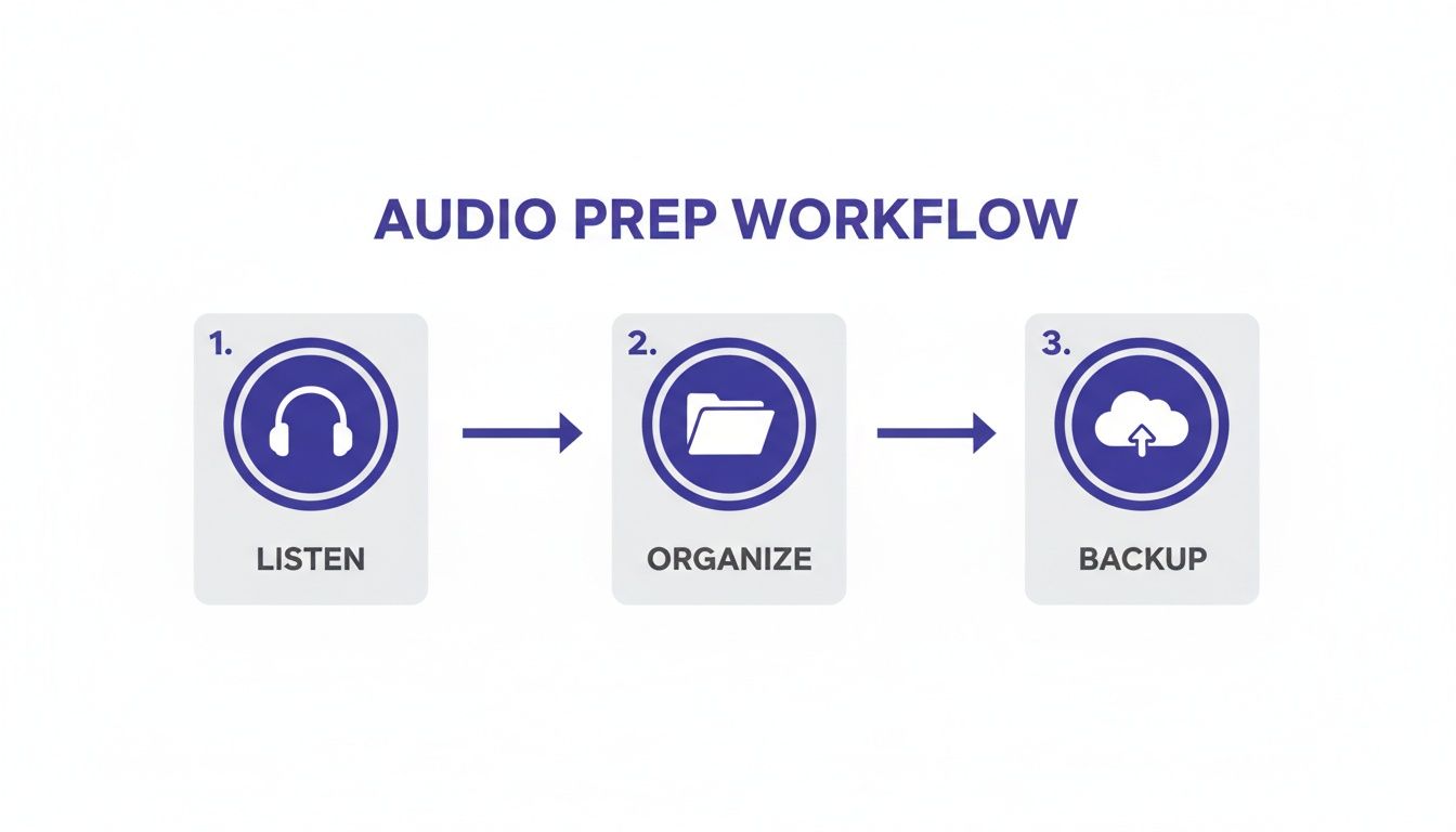 A visual representation of the audio preparation workflow including listen, organize, and backup steps.