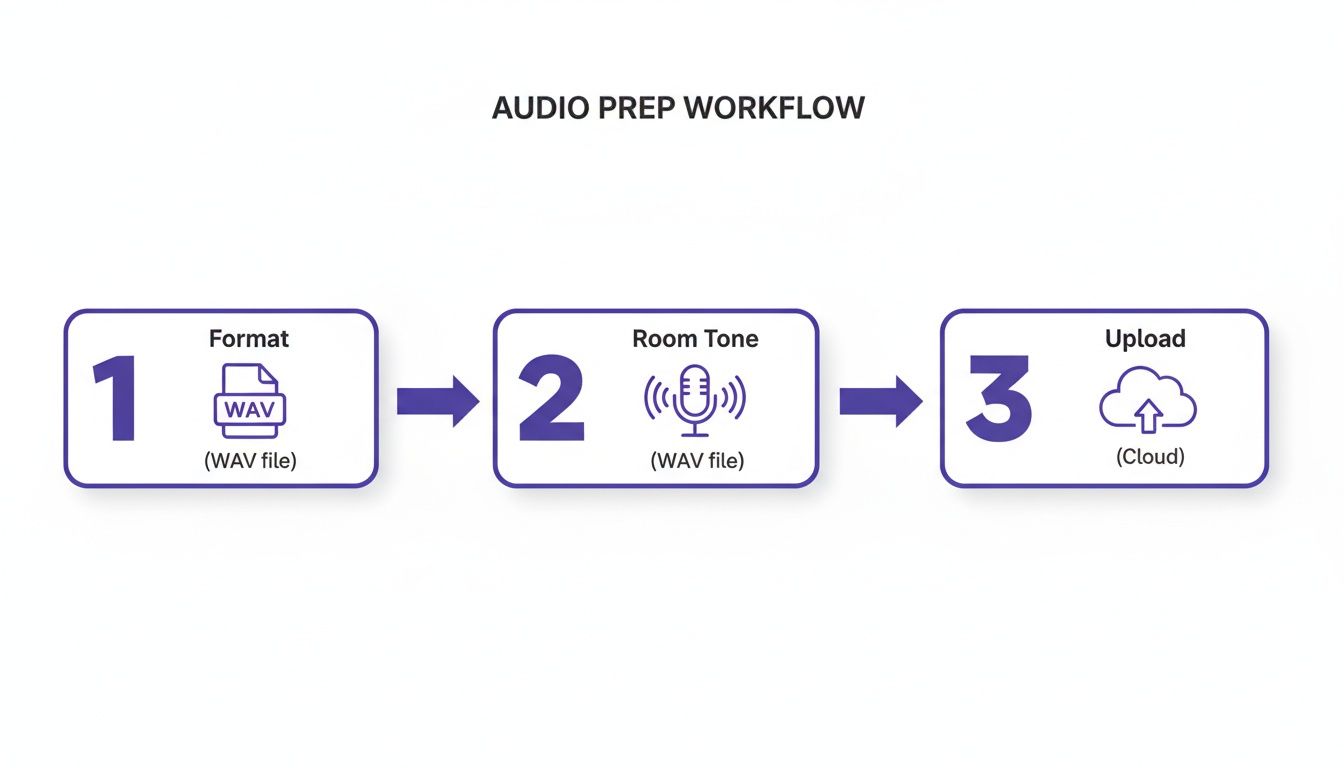 A three-step audio preparation workflow diagram showing format, room tone, and upload stages.