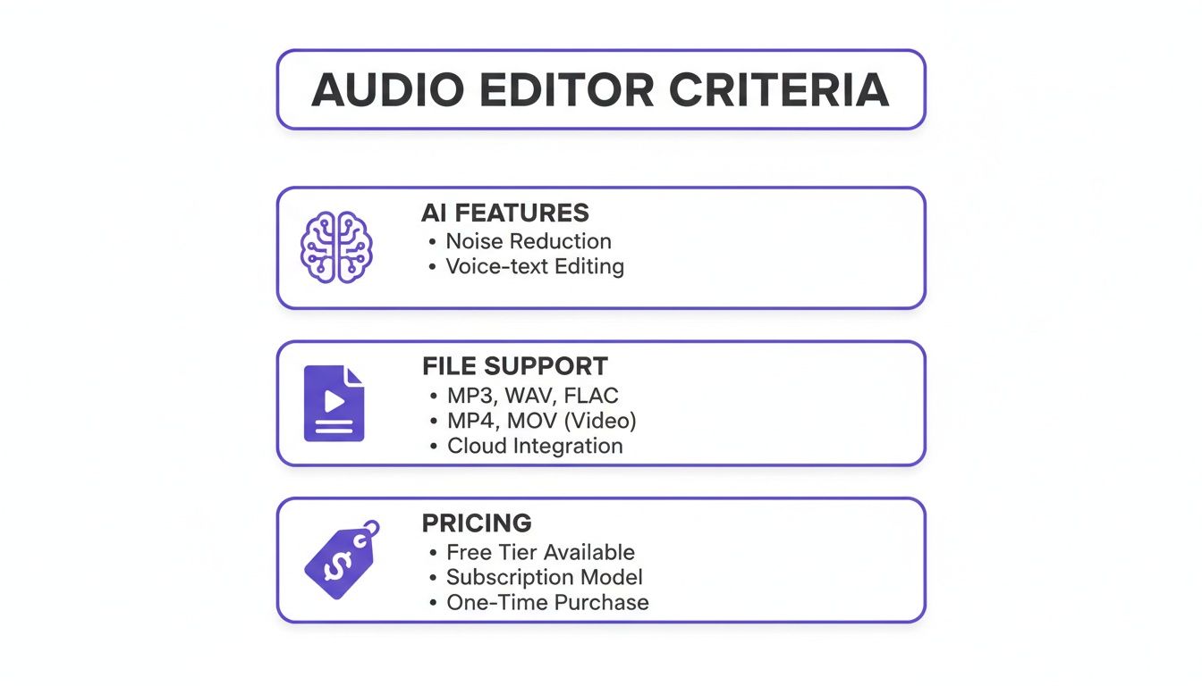 An infographic outlining criteria for audio editors, covering AI features, file support, and pricing models.