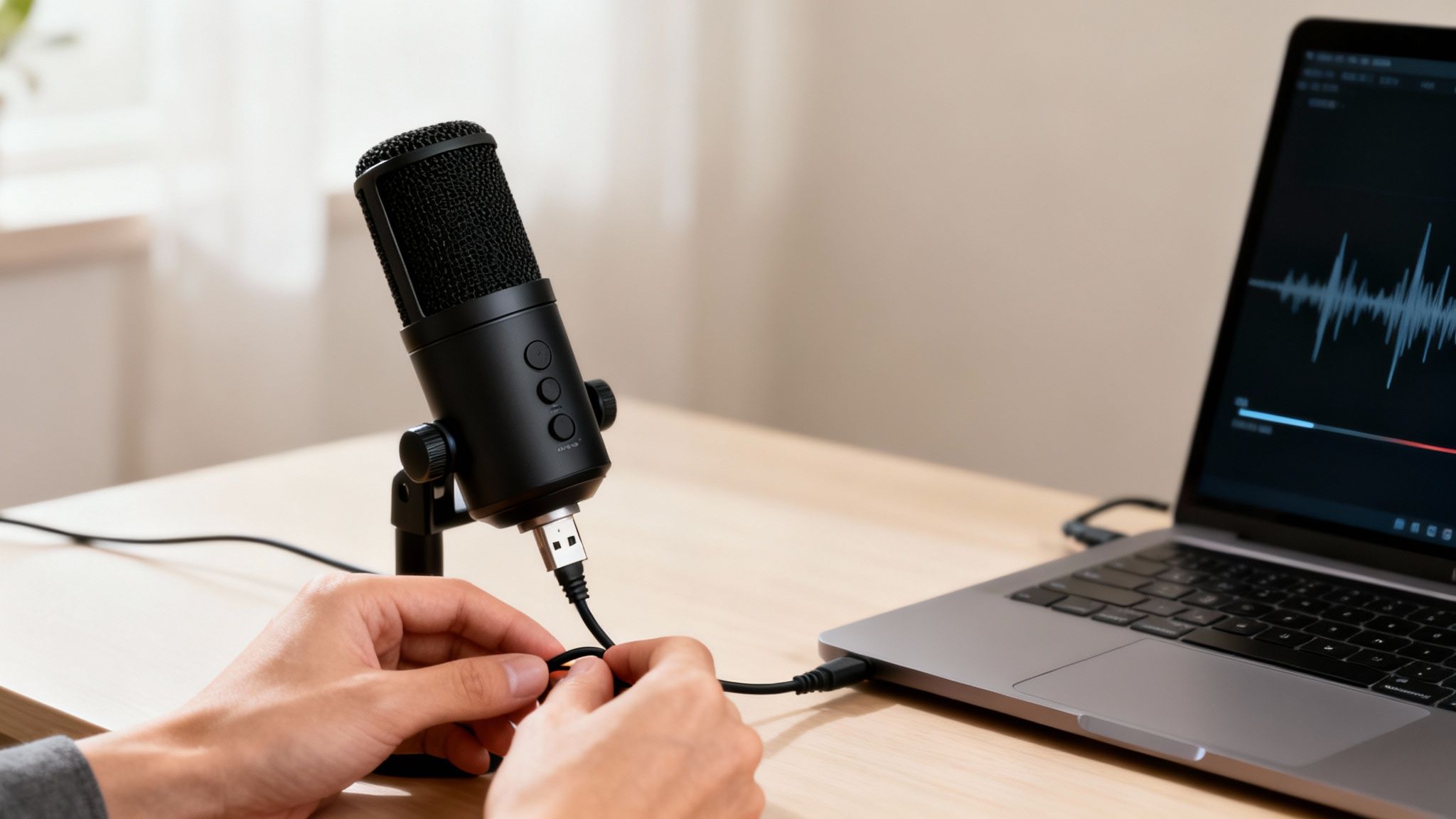 A person connects a black USB microphone to a laptop displaying an audio waveform.