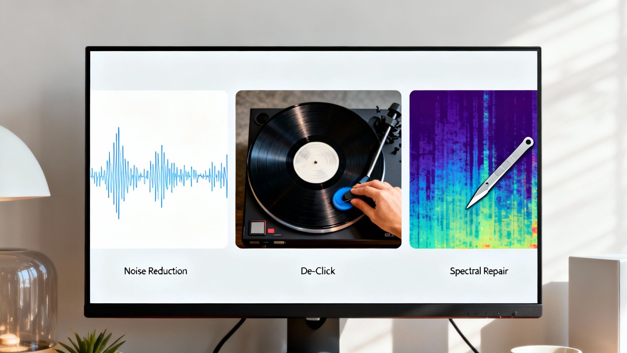 A monitor displays audio restoration software features including Noise Reduction, De-Click on a vinyl, and Spectral Repair.