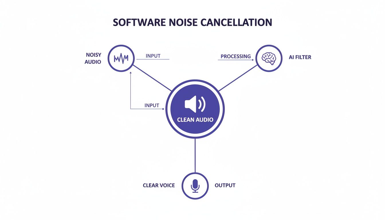 A diagram illustrating the software noise cancellation process, showing noisy audio input, AI filtering, and clean audio output as clear voice.