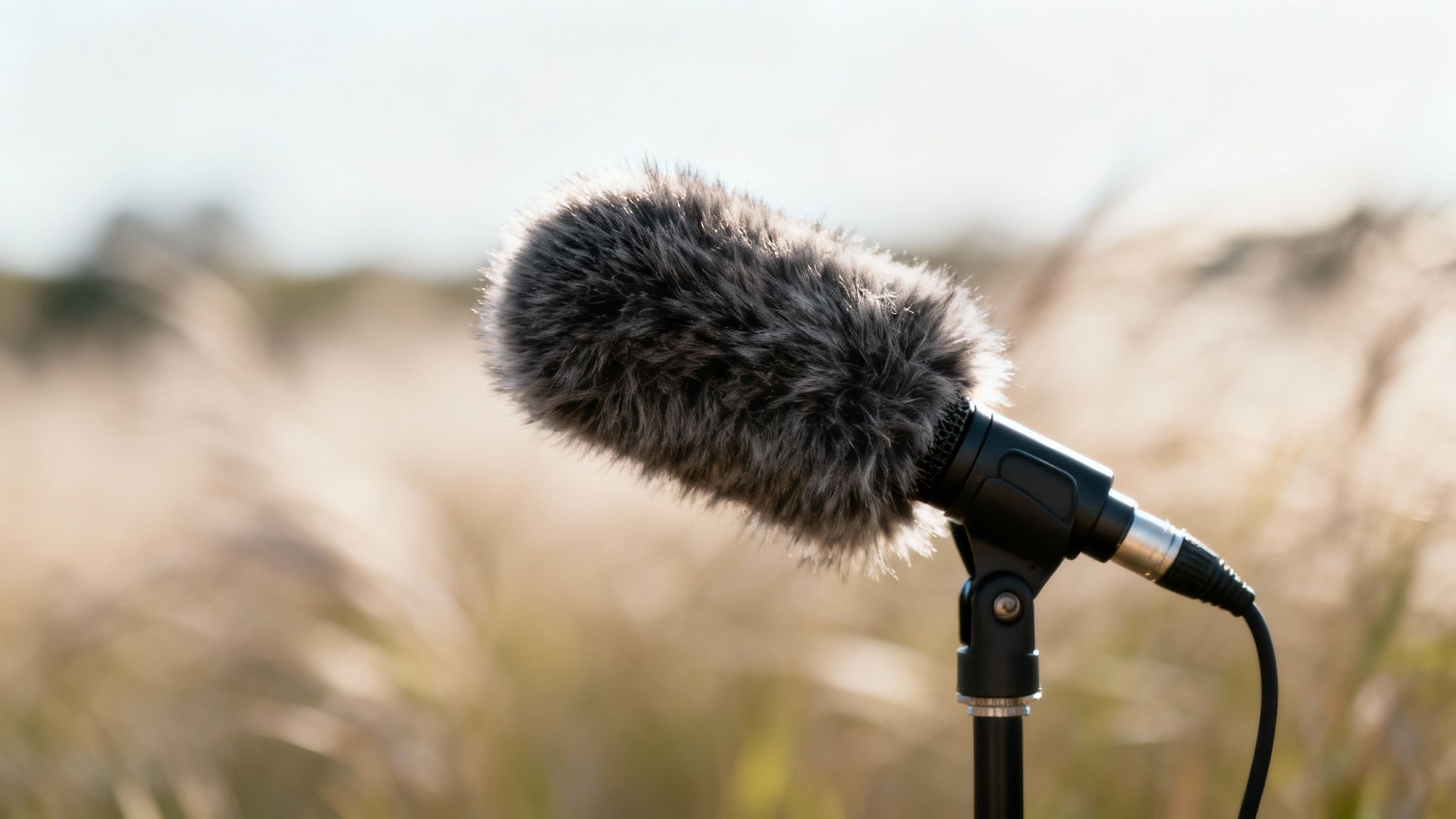 A black microphone with a furry wind muff stands outdoors in a sunny field.