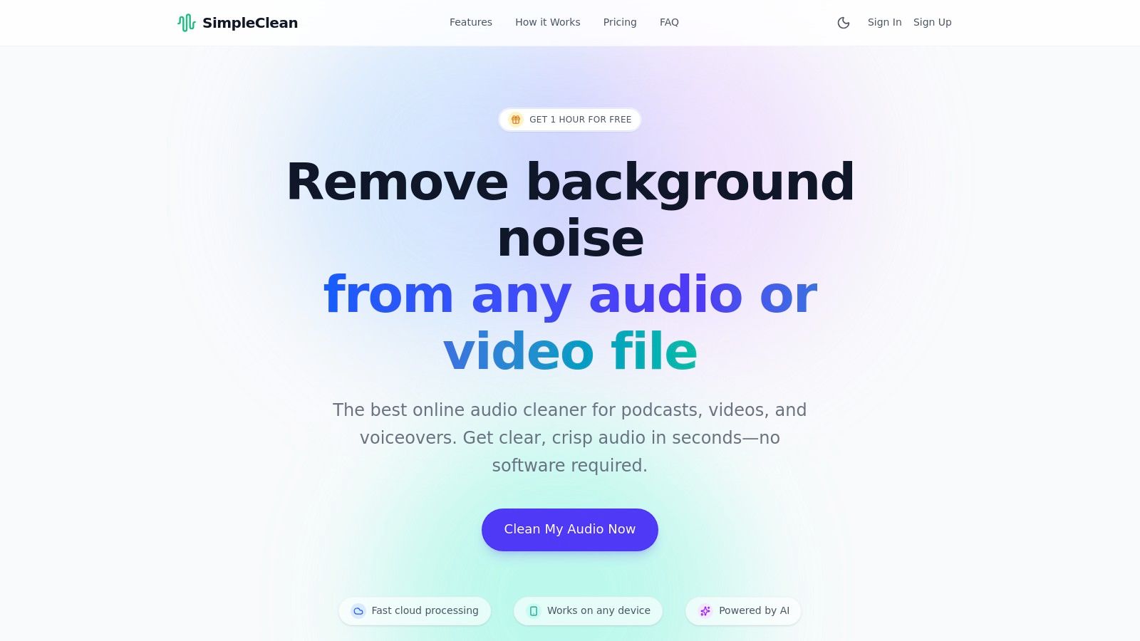 SimpleClean Interface showing audio waveform before and after processing