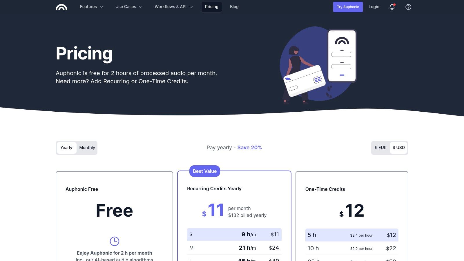 Auphonic pricing page showing credit-based plans