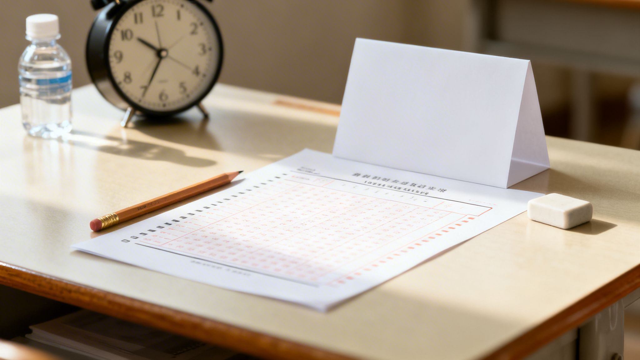 Mesa de estudio con hoja de examen, lápiz, goma, botella de agua y reloj despertador.