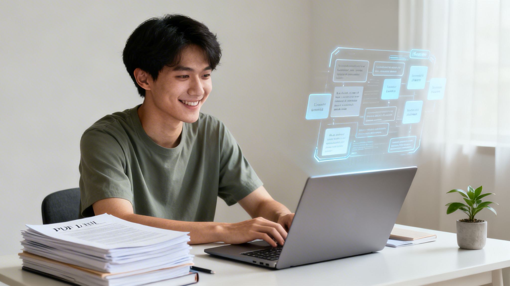 Joven sonriente usa una laptop con interfaz holográfica, documentos y una planta en el escritorio.