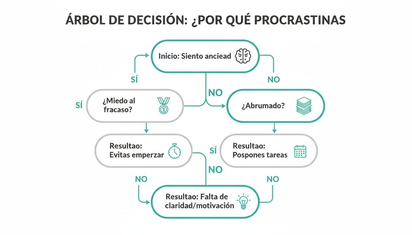 Diagrama de árbol de decisión que explica las razones comunes de la procrastinación, desde la ansiedad al miedo.
