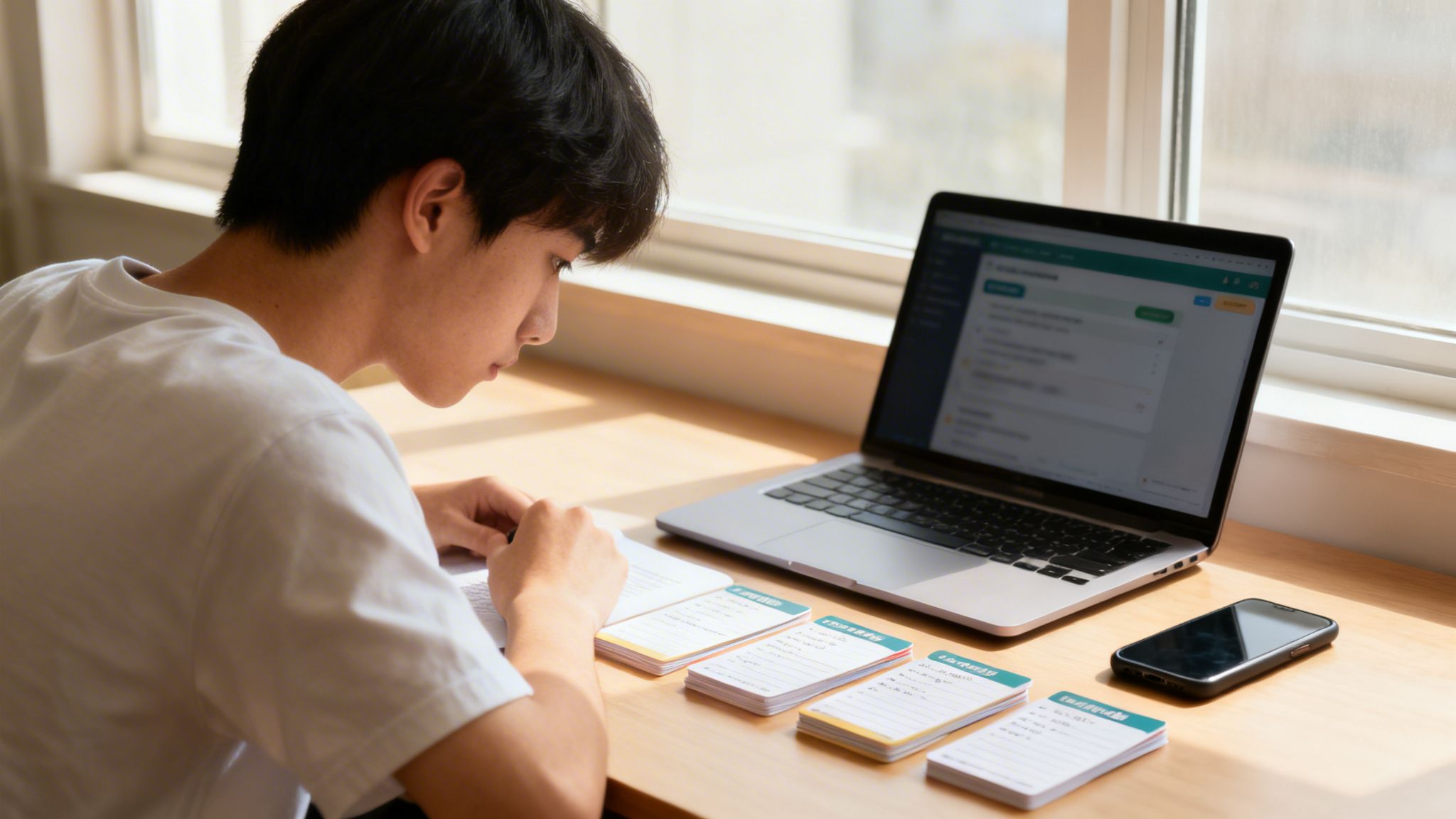 Joven estudiando en un escritorio con un portátil, tarjetas de estudio y un teléfono.
