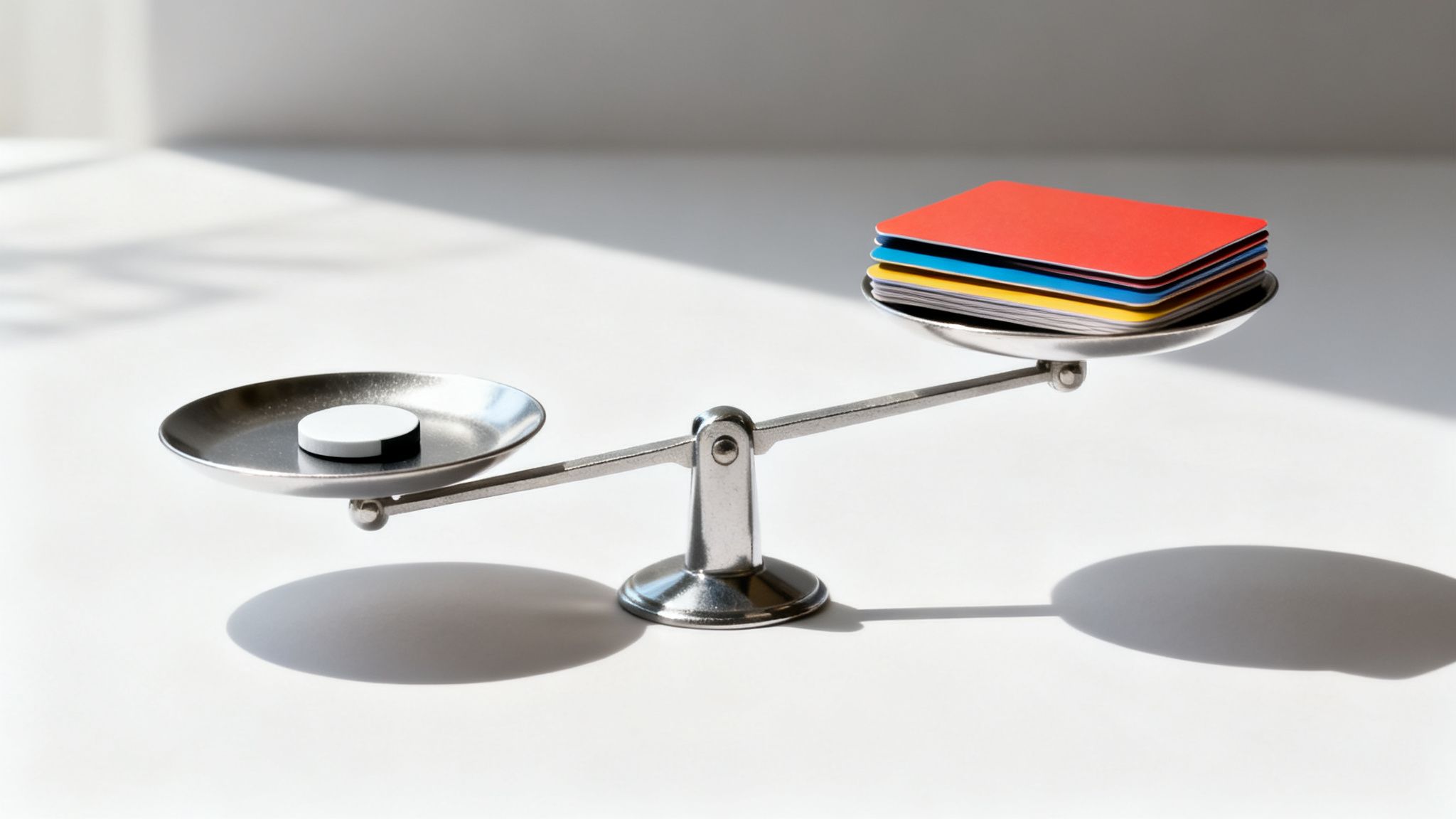 Una balanza con un objeto pequeño a la izquierda y una pila de tarjetas de crédito a la derecha, inclinando la balanza.