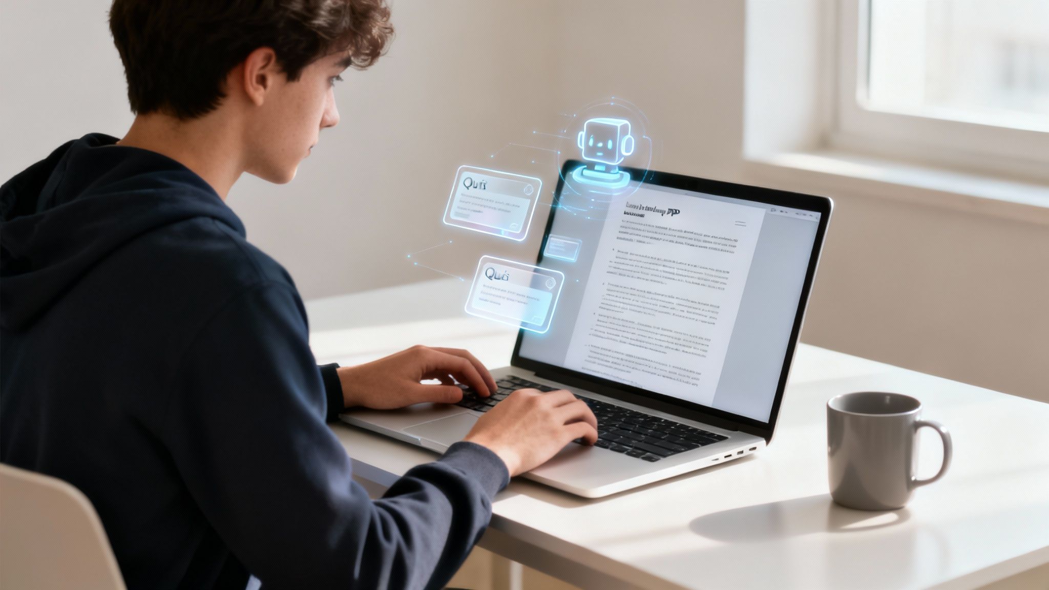 Joven usando un portátil con elementos holográficos de IA flotando, como un chatbot y tarjetas de información.