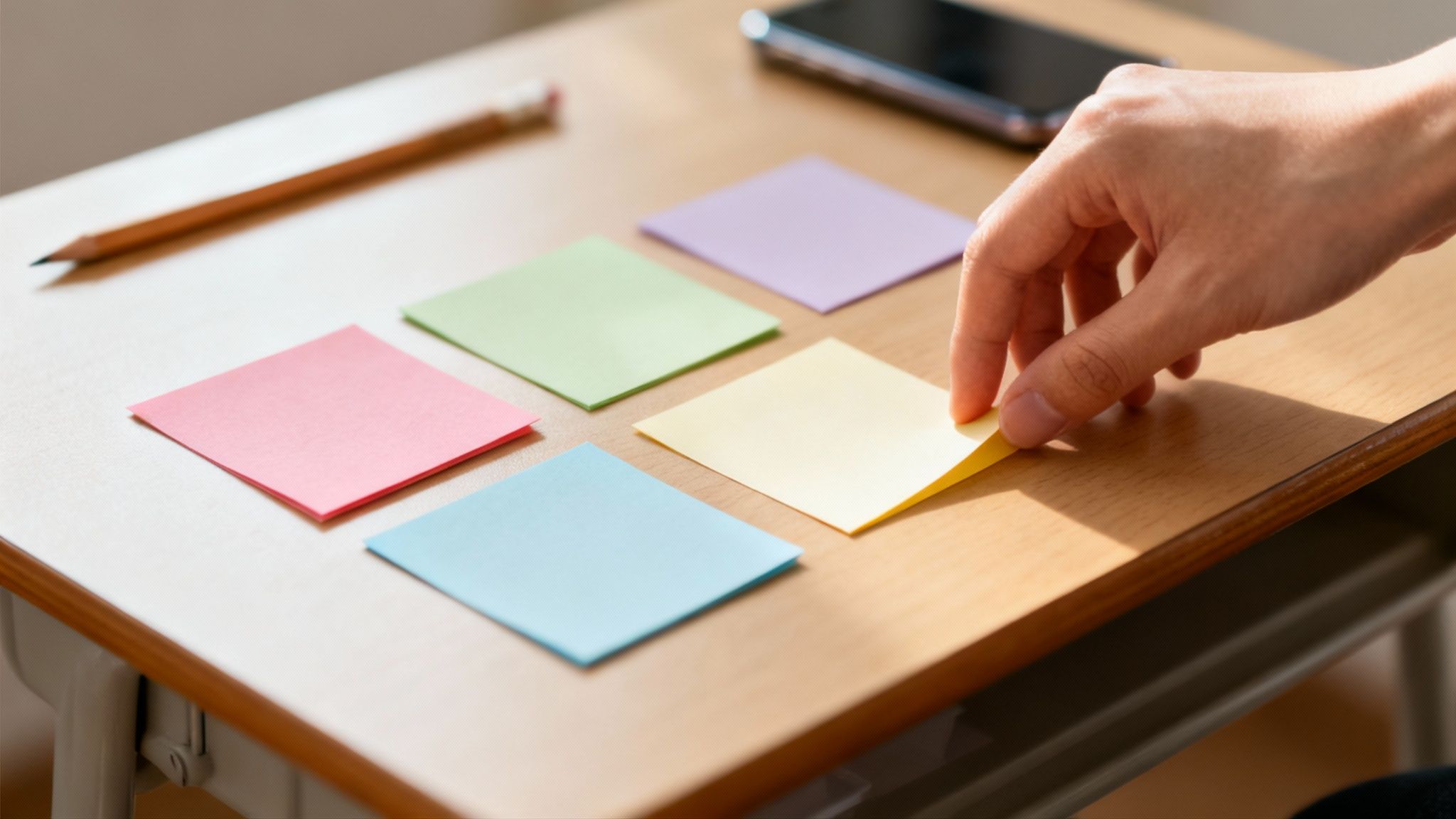 Mano retirando una nota adhesiva amarilla de un escritorio con post-its de varios colores.