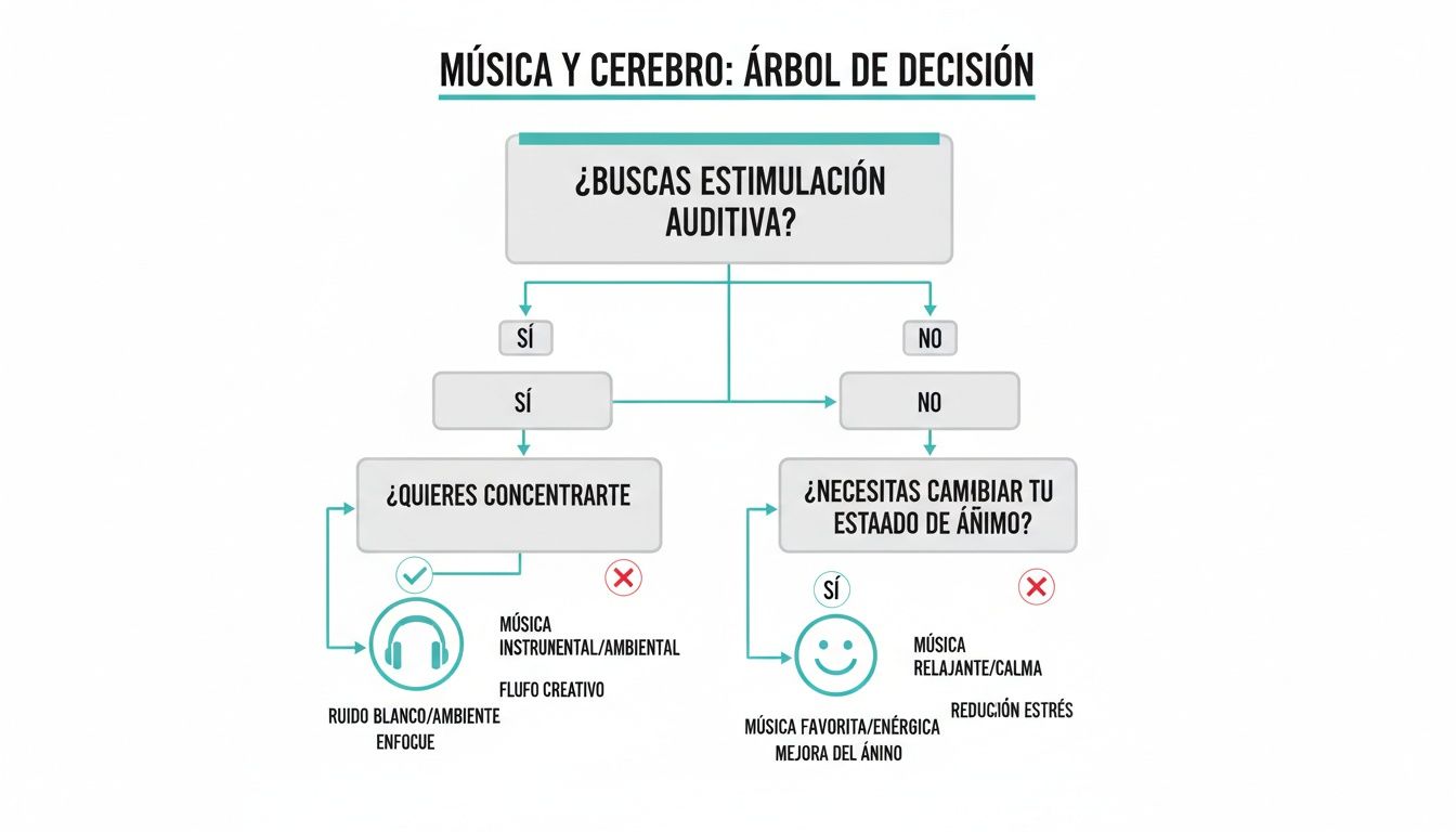 Diagrama de flujo 'Música y Cerebro' que ayuda a elegir música para concentración, relajación o cambio de ánimo.