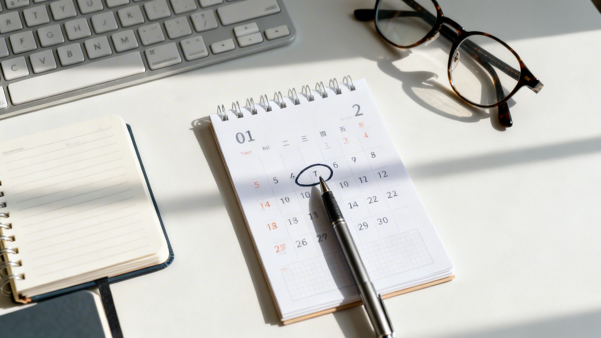 Escritorio organizado con un calendario, un teclado, un cuaderno y gafas. Un bolígrafo marca el día 7 en el calendario.