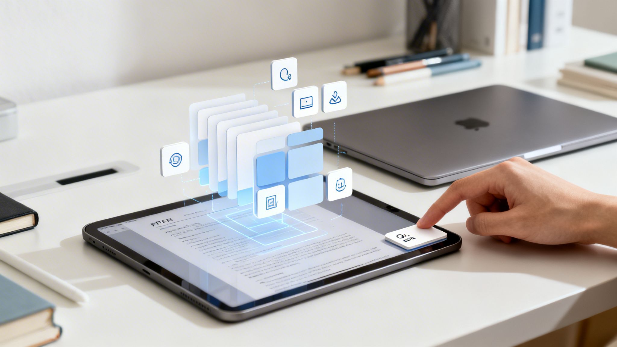 Mano interactuando con una tablet que muestra un documento y una interfaz holográfica con iconos de inteligencia artificial y gestión de datos en un escritorio.