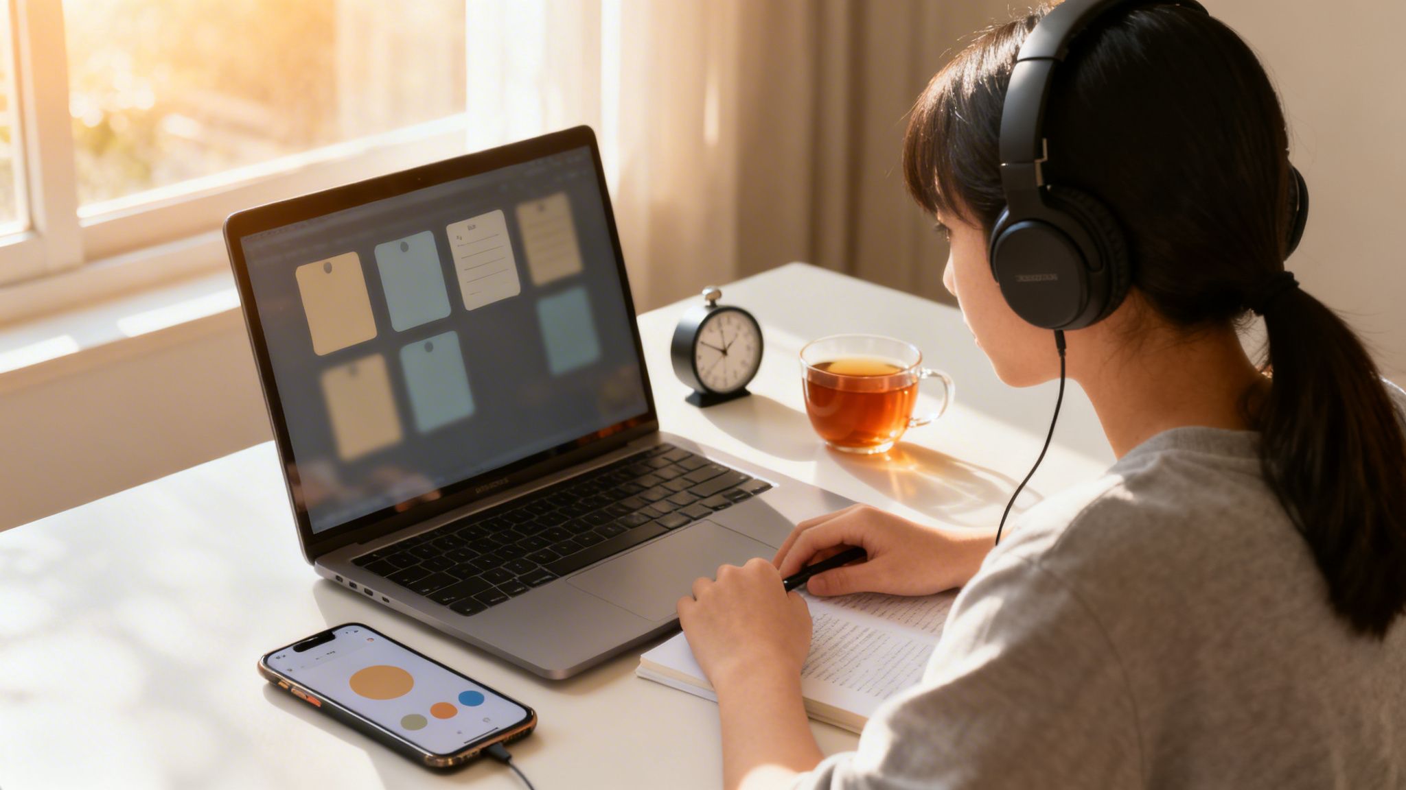Joven con auriculares estudia con su portátil, té y teléfono en un escritorio soleado.