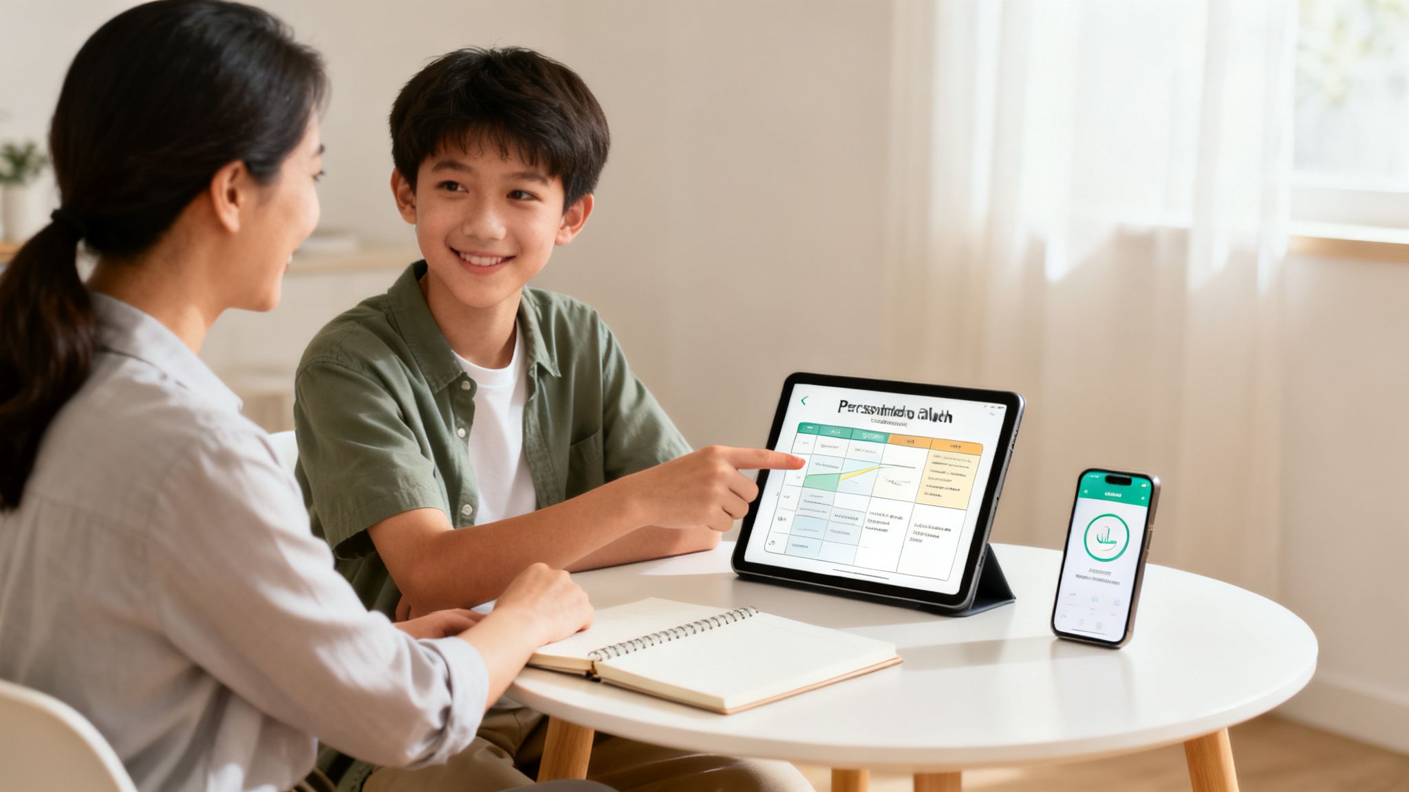 Madre e hijo estudian juntos, el niño señala una tablet con gráficos educativos.