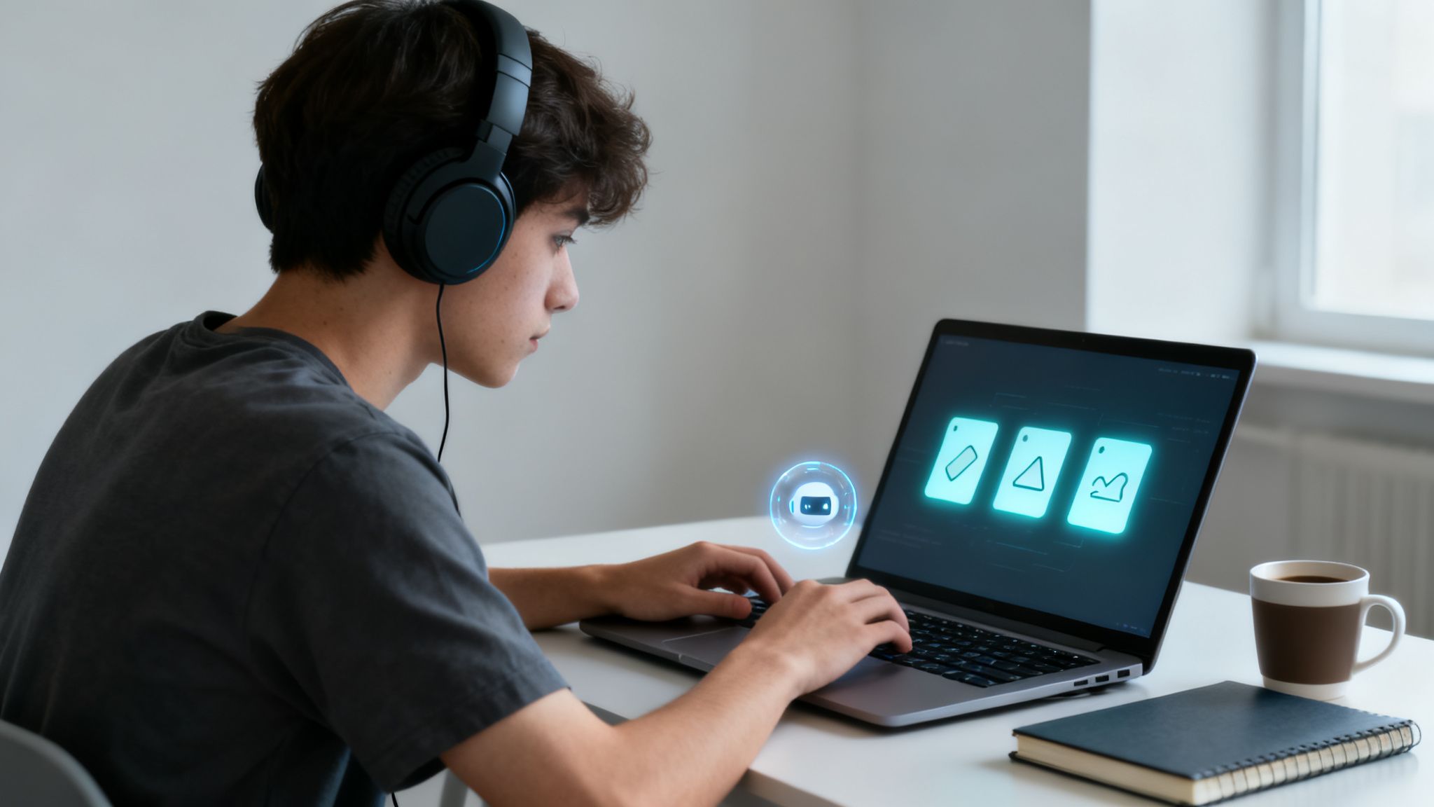 Joven con auriculares usando laptop, interactuando con iconos digitales y un chatbot en pantalla. Escritorio con café y cuaderno.