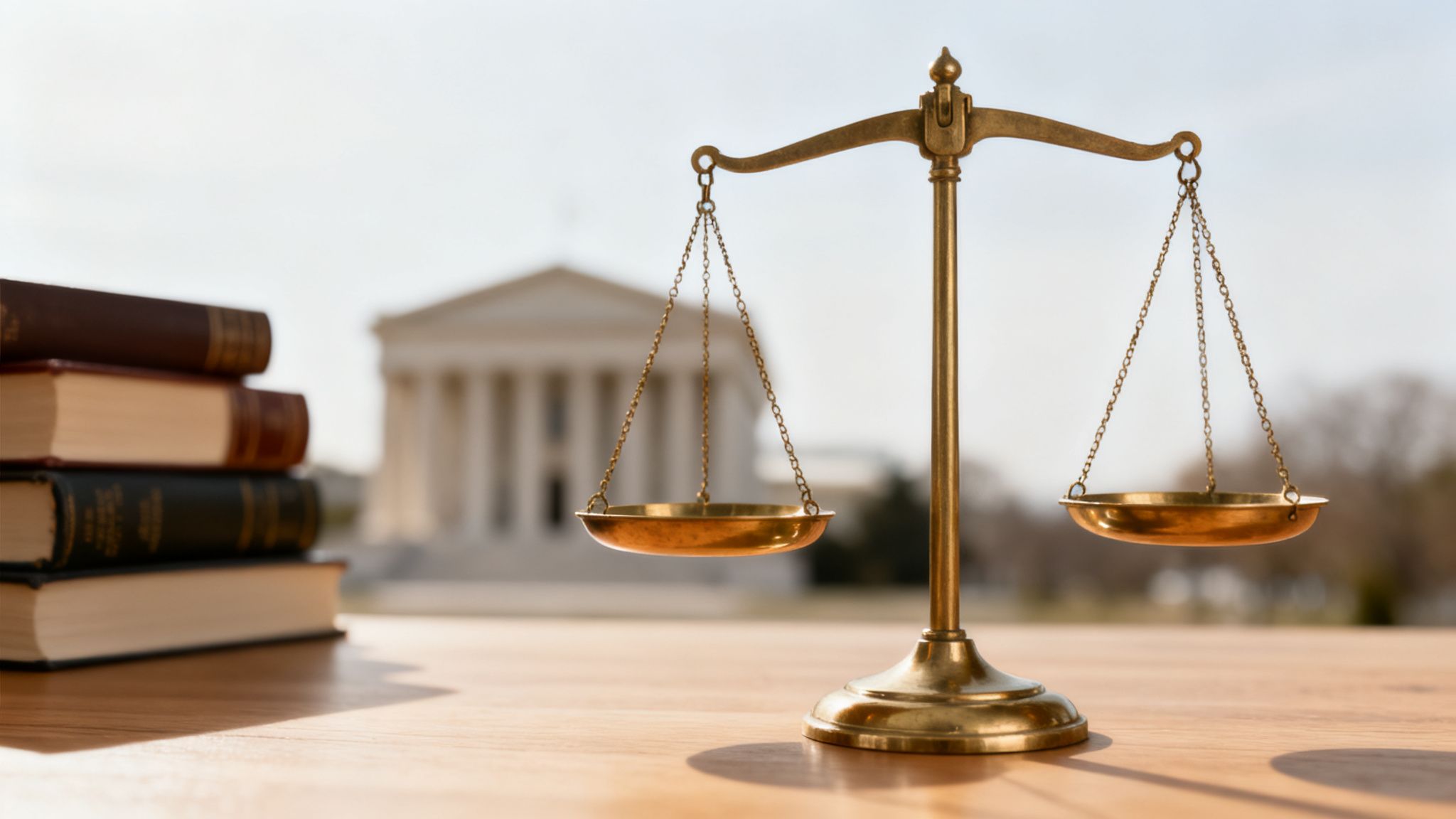 Balanza de la justicia de latón y libros de derecho sobre una mesa, con un edificio judicial.