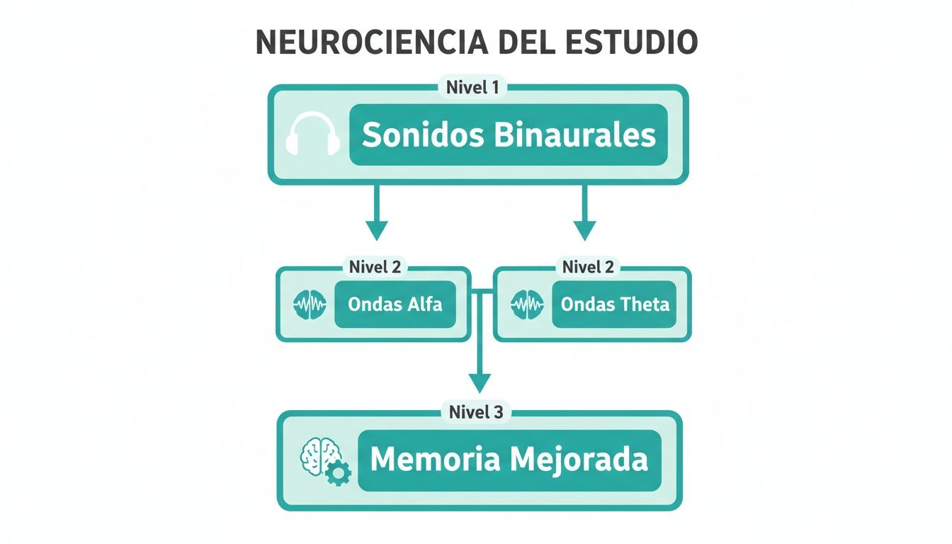 Diagrama que ilustra cómo los sonidos binaurales, las ondas Alfa y Theta, conducen a una memoria mejorada en el estudio.