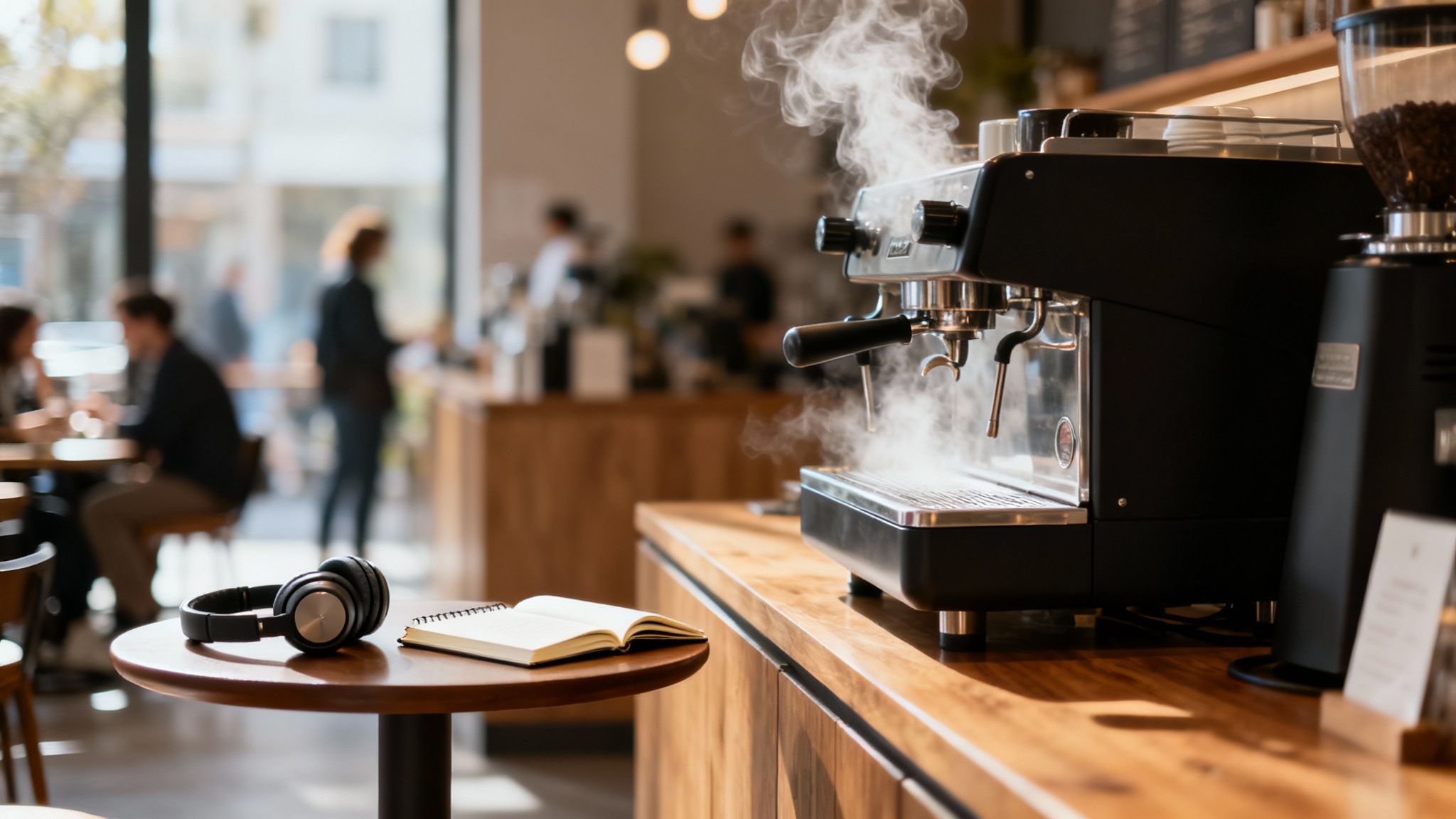 Máquina de café espresso humeante en una barra de madera, con auriculares y cuaderno en una mesa en una cafetería concurrida.