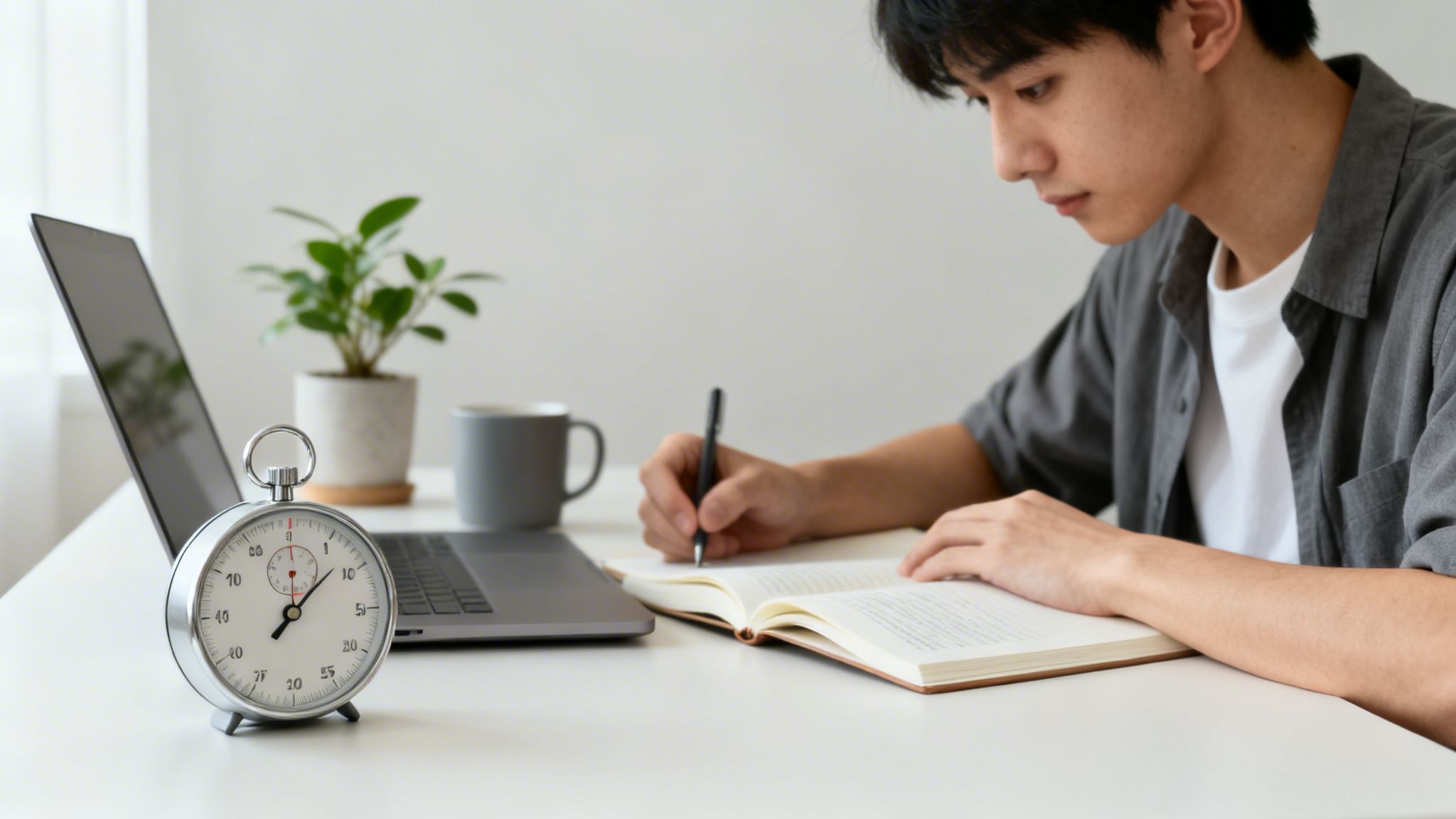 Joven asiático estudia diligentemente en un escritorio con un cronómetro, portátil y taza, tomando notas.