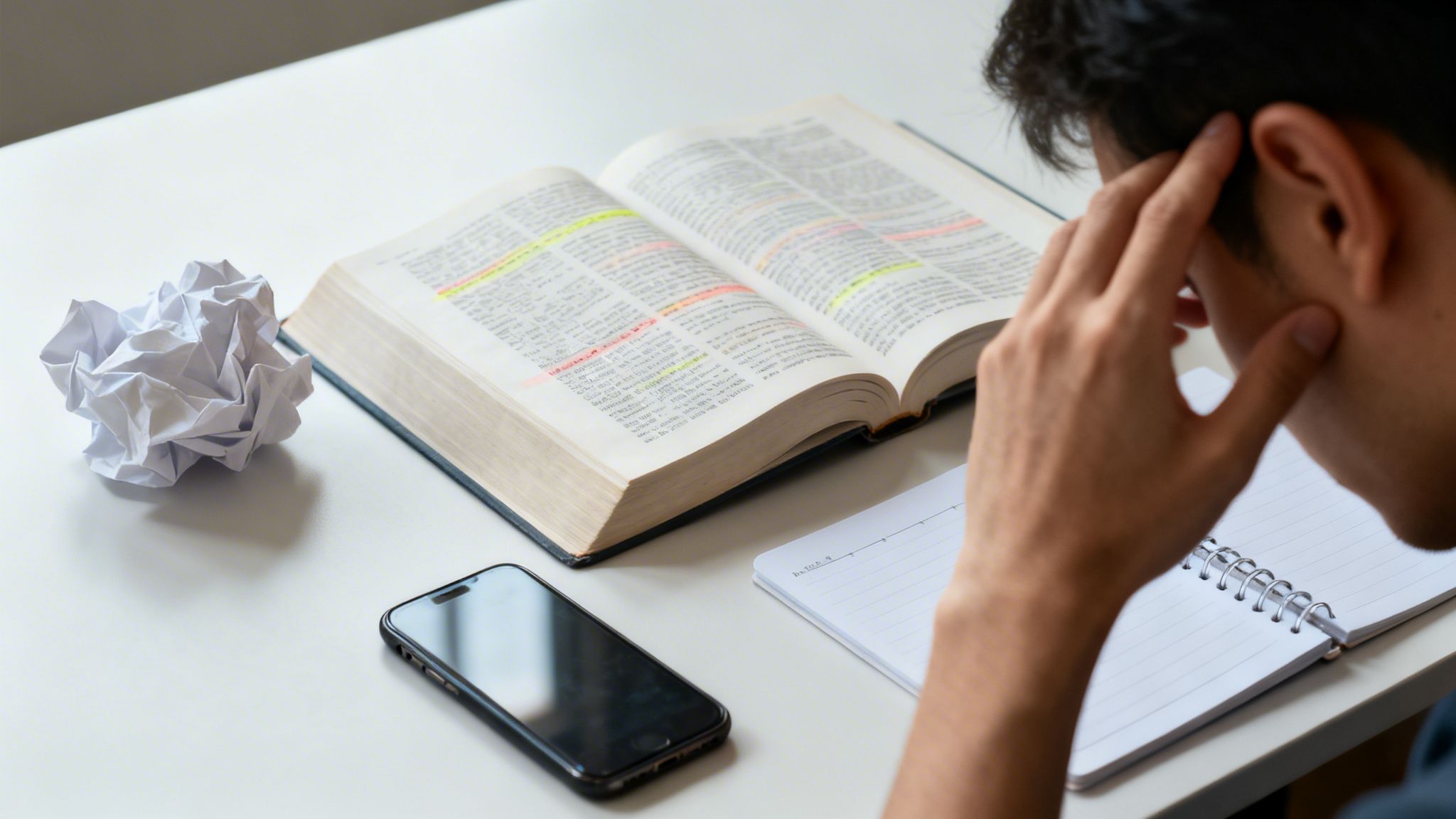 Estudiante concentrado con un libro resaltado, papel arrugado, móvil y cuaderno en el escritorio.