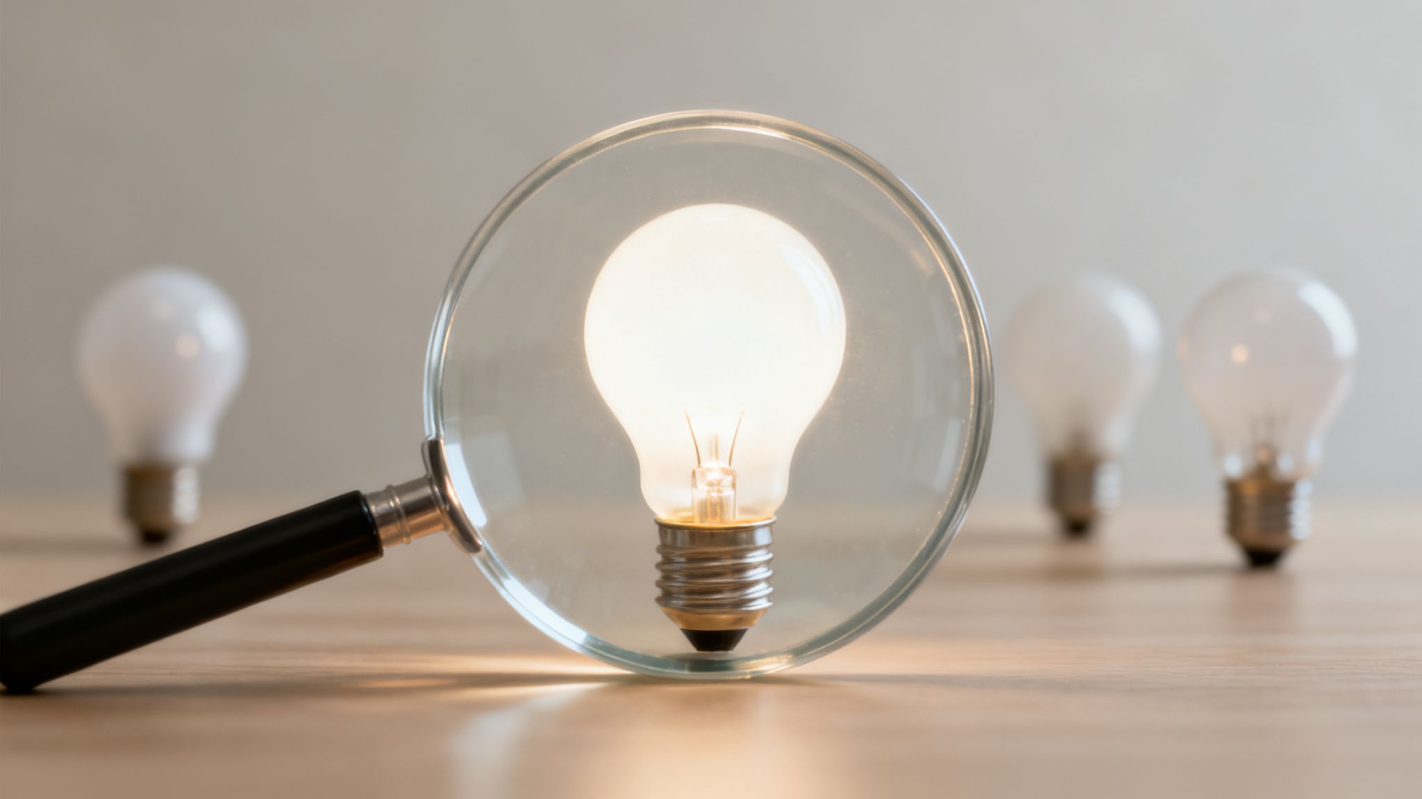 Una lupa enfoca y resalta una bombilla encendida, simbolizando la búsqueda de ideas y soluciones innovadoras.