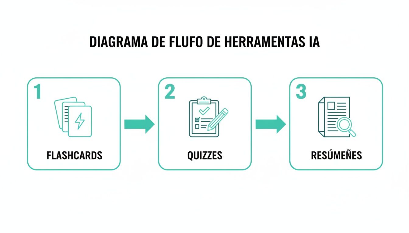 Diagrama de flujo de herramientas de IA que muestra el proceso de flashcards, cuestionarios y resúmenes.