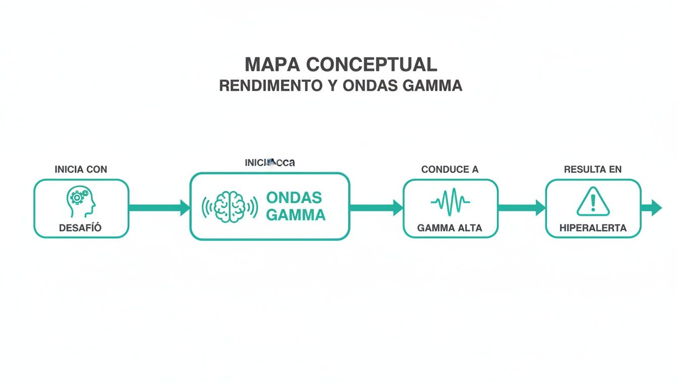 Mapa conceptual que ilustra la relación entre desafío, ondas gamma, rendimiento y estado de hiperalerta.