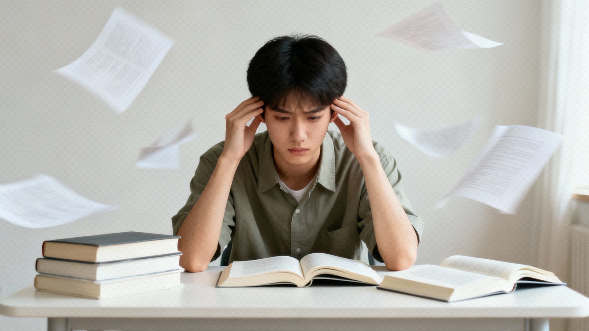 Joven asiático estresado estudiando, con libros abiertos y papeles flotando, simbolizando carga mental.