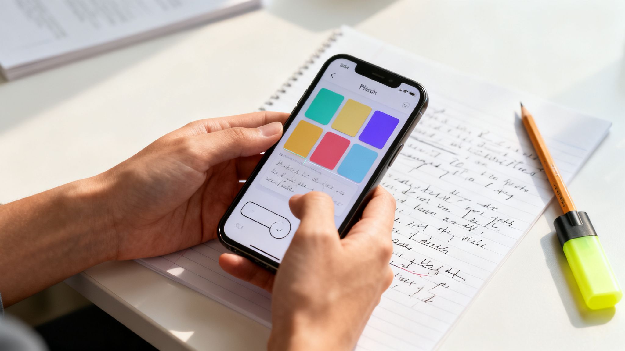 Persona utilizando un smartphone con una aplicación educativa colorida, junto a un cuaderno con apuntes y útiles.