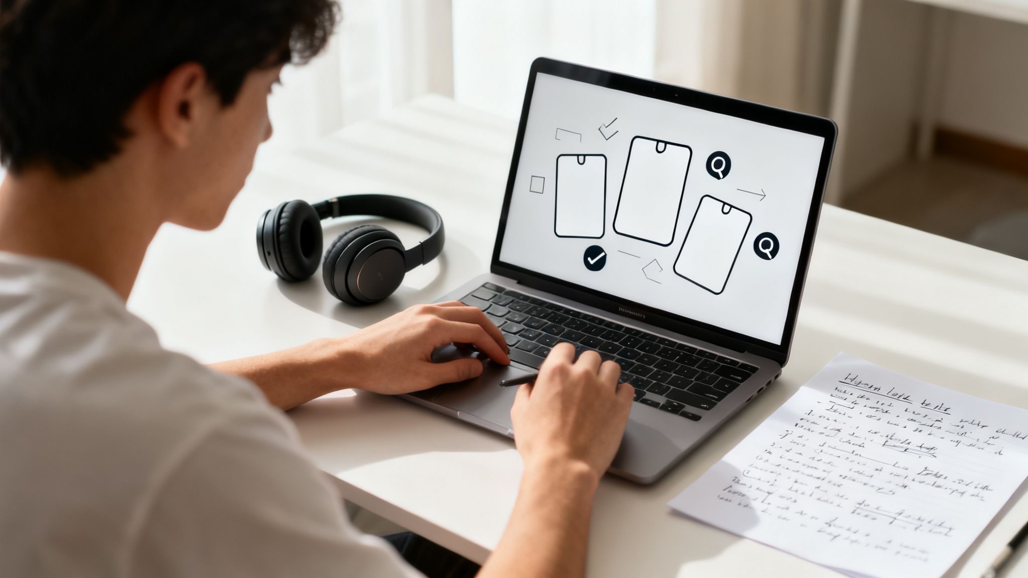 Un estudiante trabaja en su laptop con auriculares en el escritorio, revisando diagramas de diseño de aplicaciones.