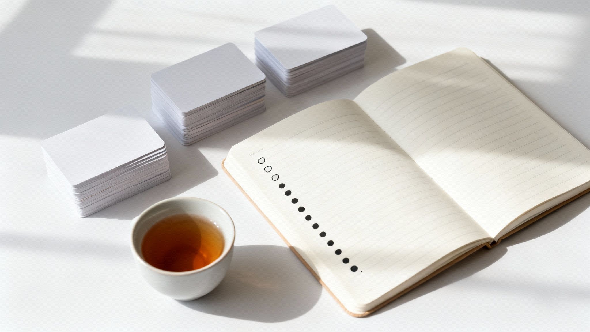 Pilas de tarjetas, un cuaderno con lista de tareas y una taza de té en un escritorio blanco.