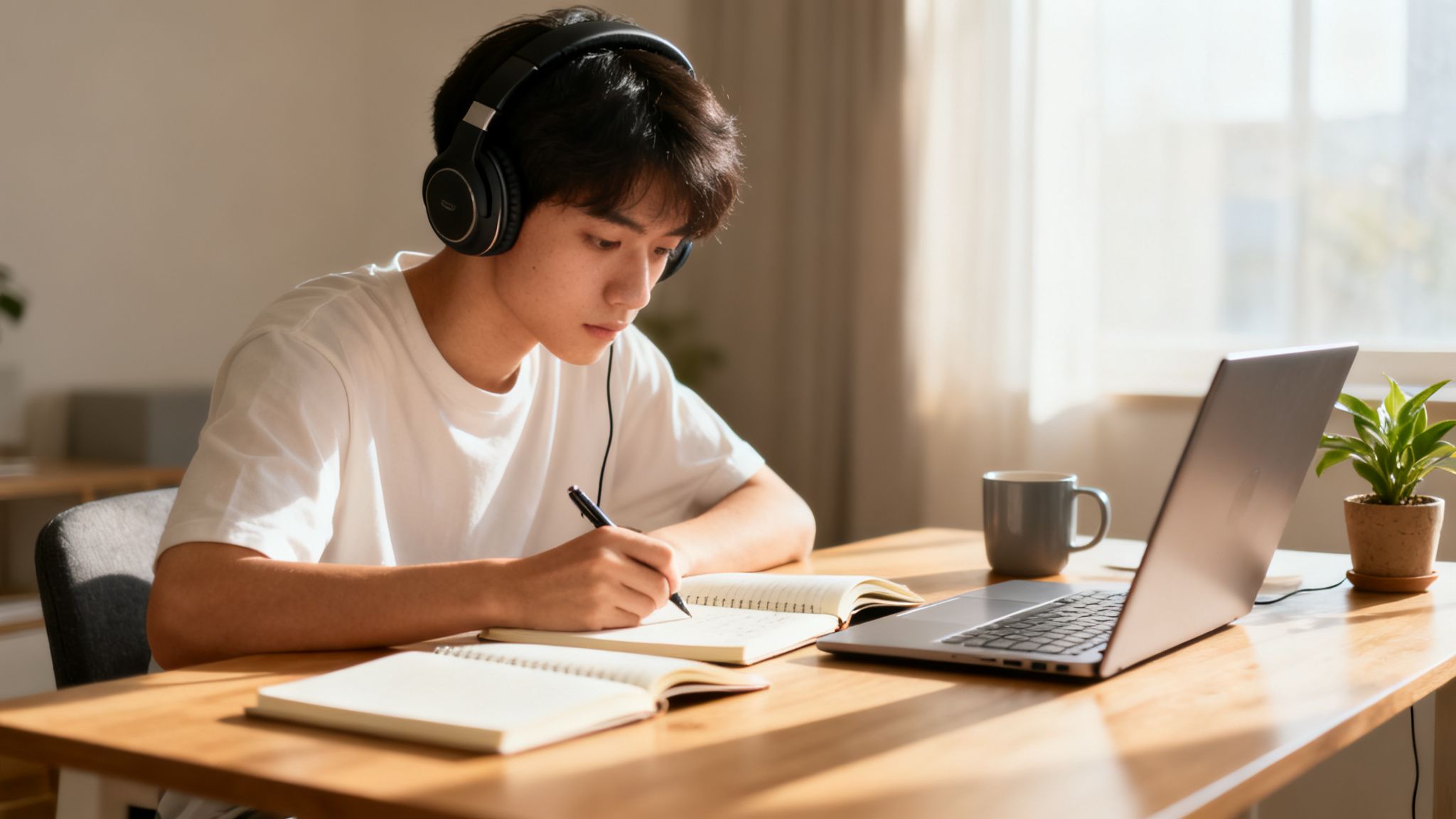 Joven estudiante con auriculares escribe en un cuaderno, con laptop y café en un escritorio soleado.