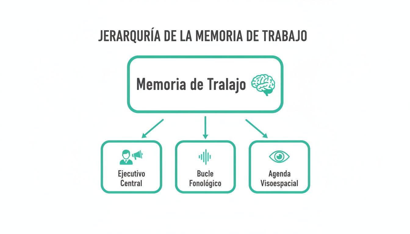 Diagrama de la jerarquía de la memoria de trabajo, mostrando sus tres componentes principales: ejecutivo central, bucle fonológico y agenda visoespacial.