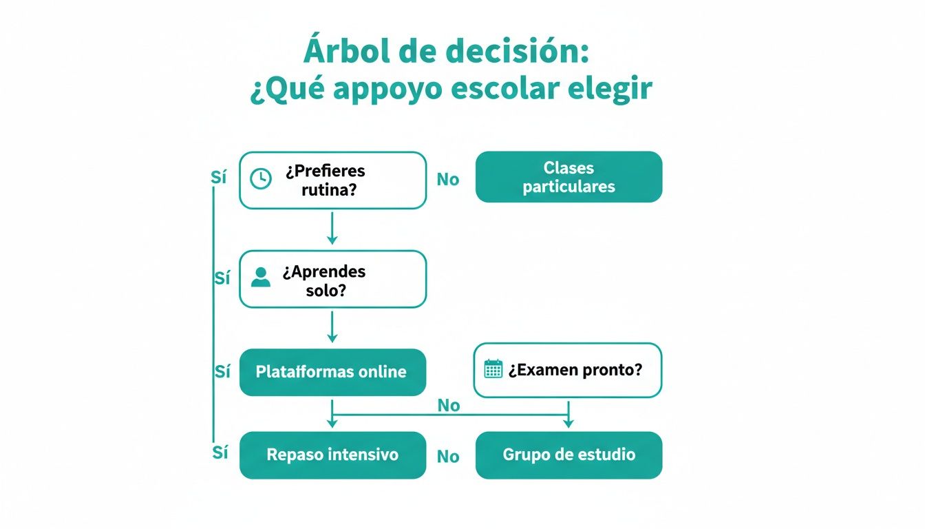Árabbol de decisión interactivo para elegir el apoyo escolar perfecto, considerando tu rutina y estilo de aprendizaje.
