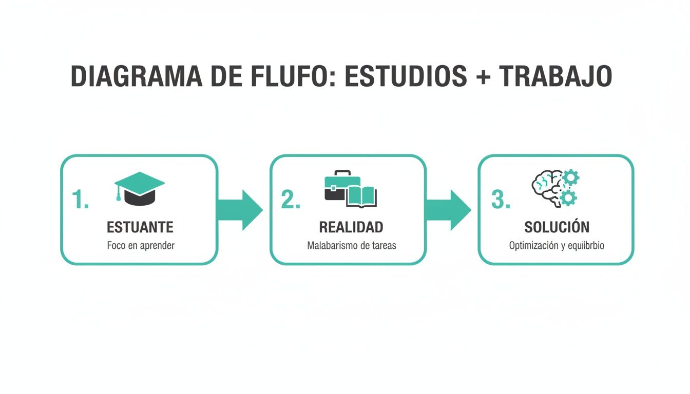 Diagrama de flujo que ilustra el reto de estudiar y trabajar, y la solución para equilibrarlos.