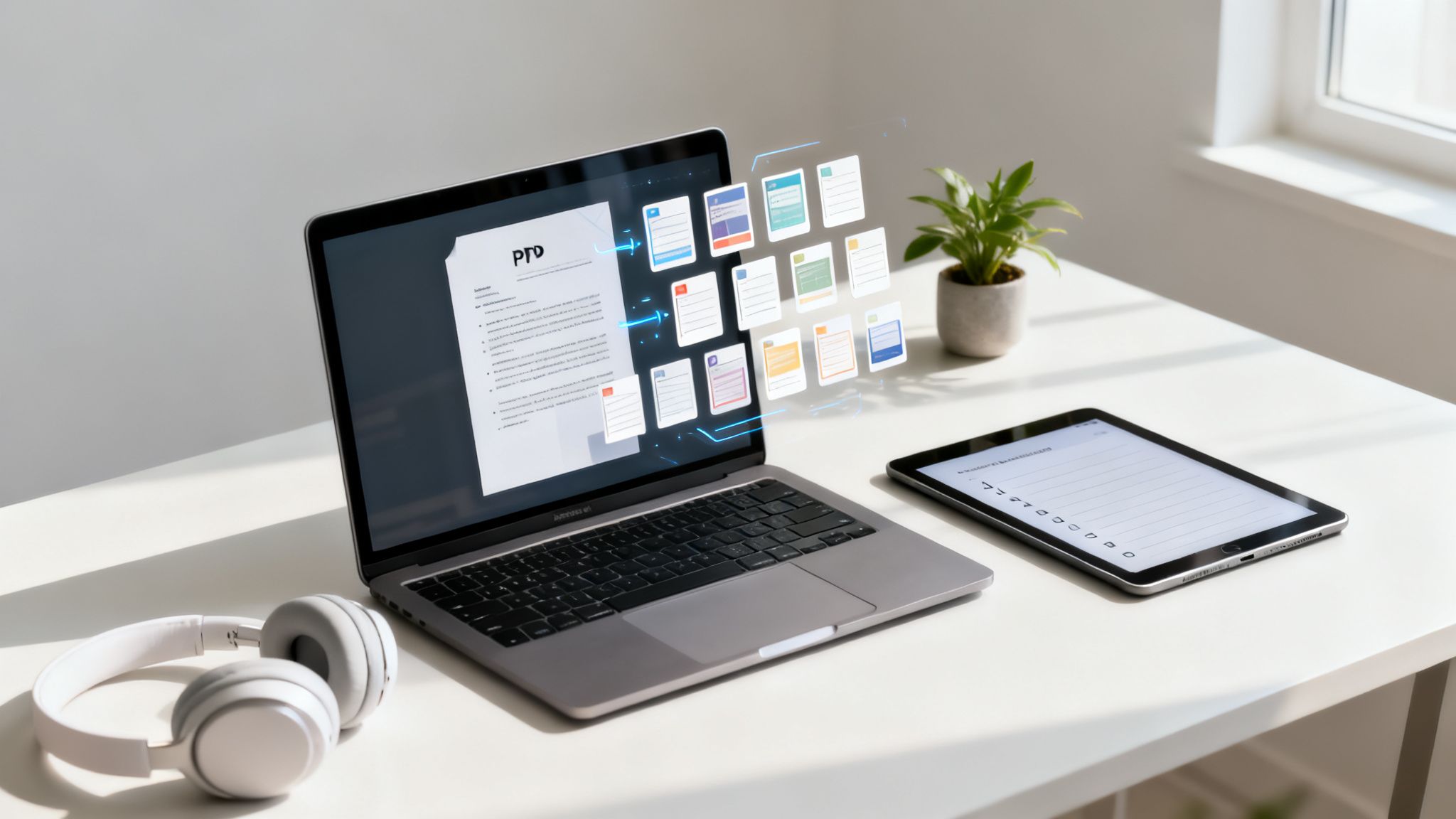 Un portátil en un escritorio blanco muestra documentos digitales flotando, junto a una tablet, auriculares y una planta.