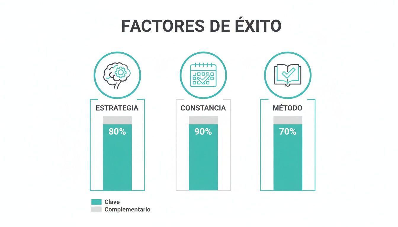 Gráfico de barras que muestra los factores clave para el éxito: Estrategia (80%), Constancia (90%) y Método (70%).