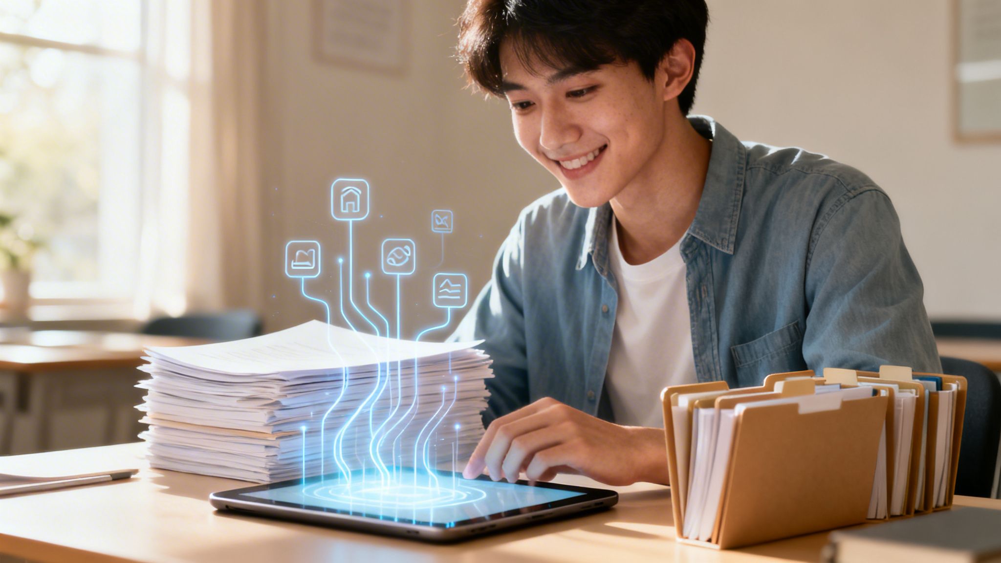 Joven sonriente digitalizando documentos con una tablet, convirtiendo papeles físicos en datos digitales.