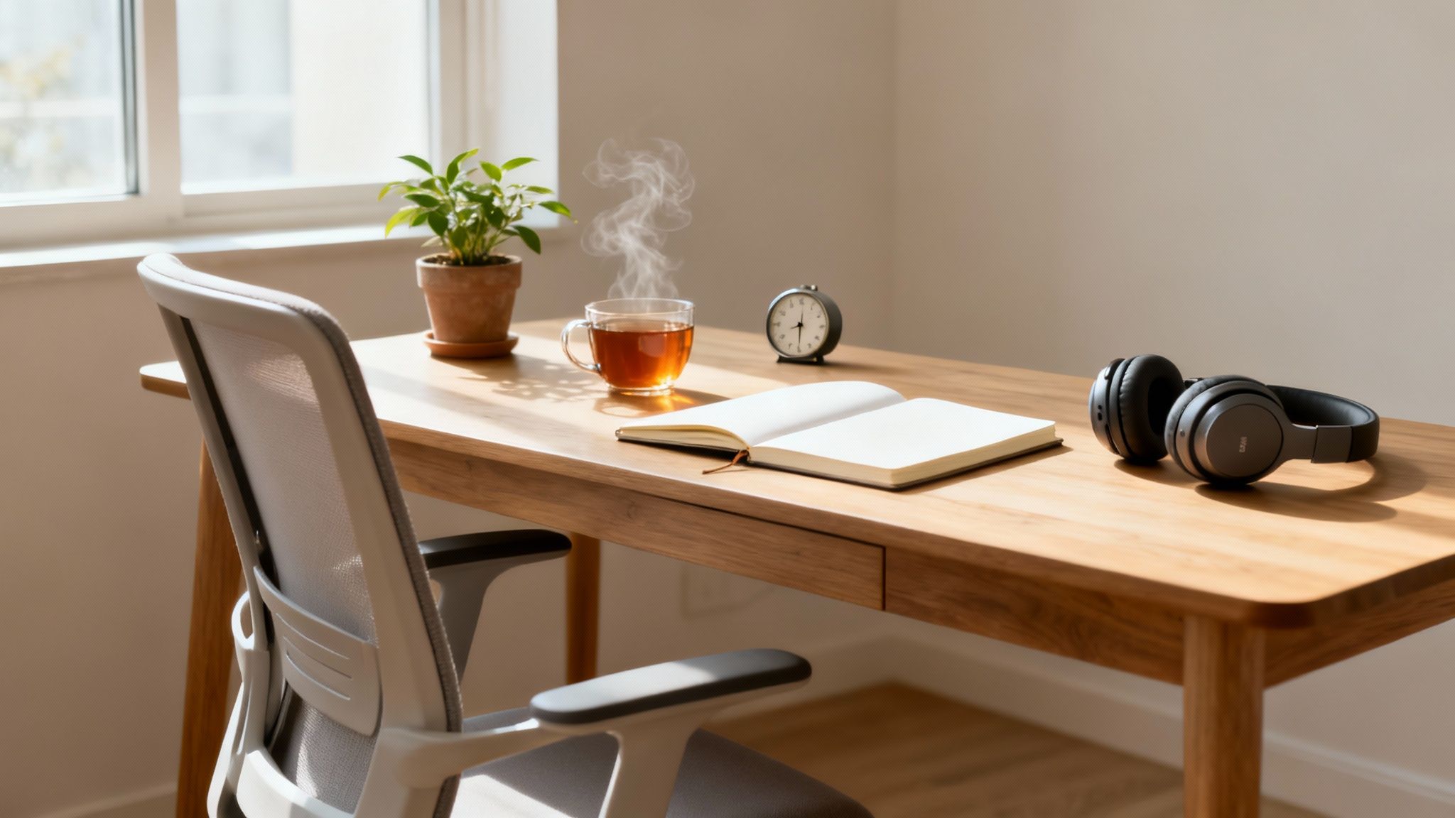 Un espacio de trabajo iluminado con silla, escritorio de madera, té caliente, cuaderno abierto, reloj y auriculares.