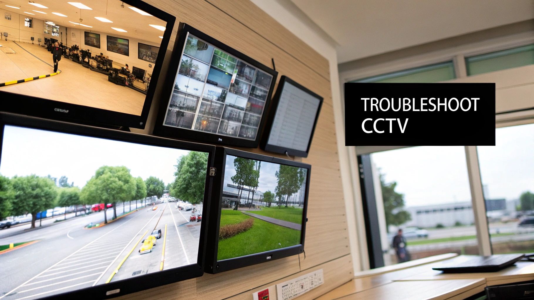 Multiple CCTV monitors displaying various surveillance feeds in a control room, with text 'TROUBLESHOOT CCTV'.