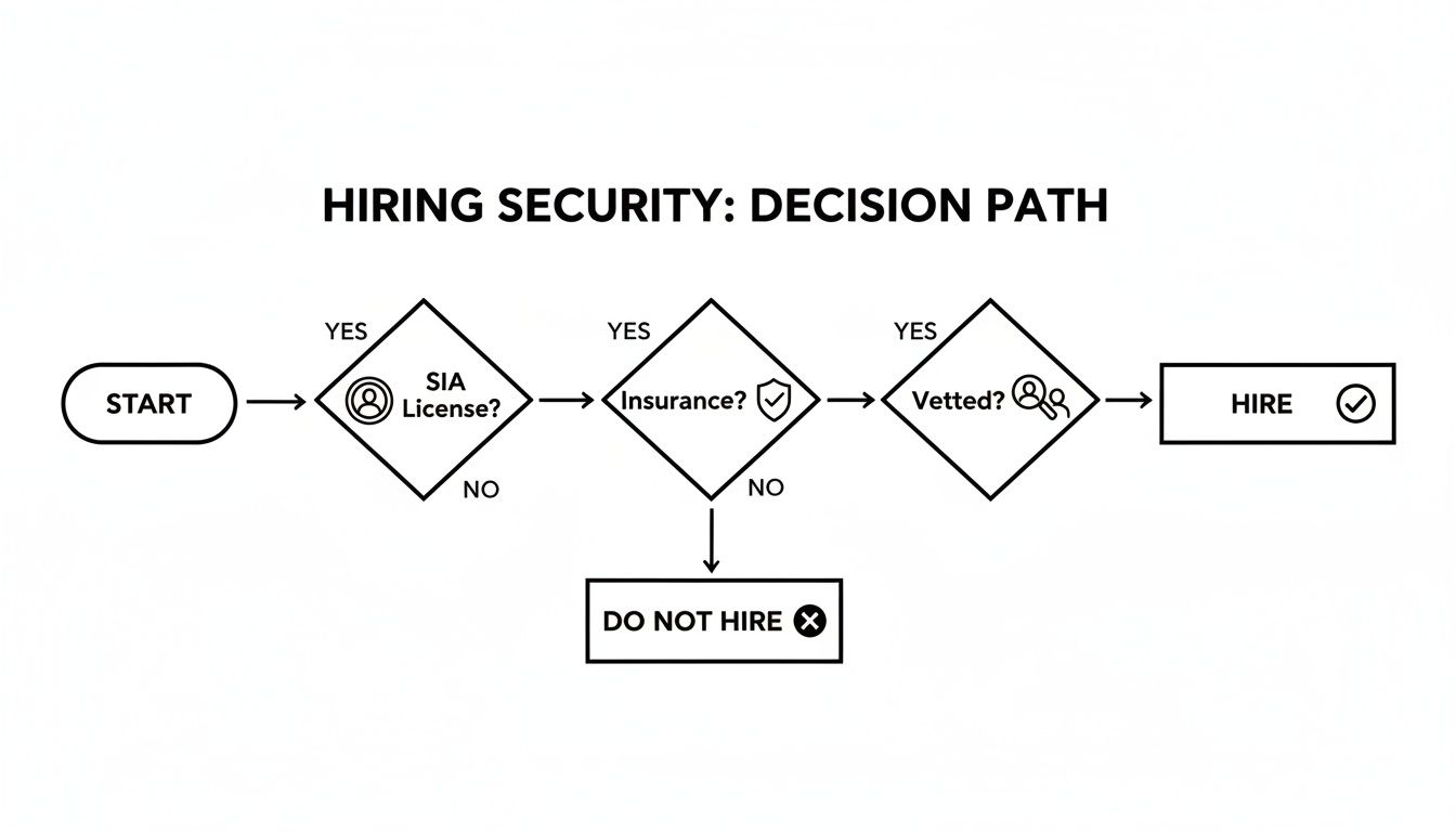 A flowchart outlining the decision path for hiring security, including license, insurance, and vetting.
